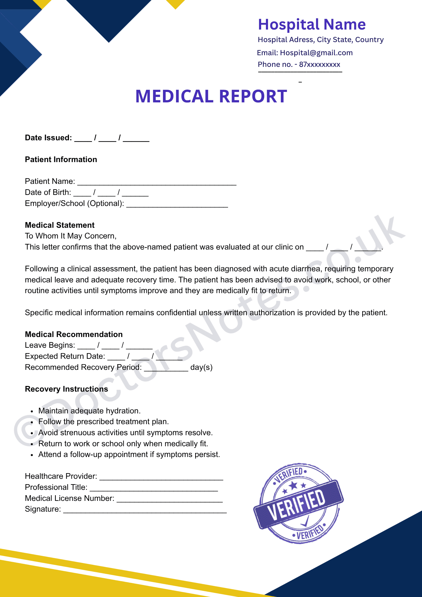 Doctor's Certificate for Diarrhea