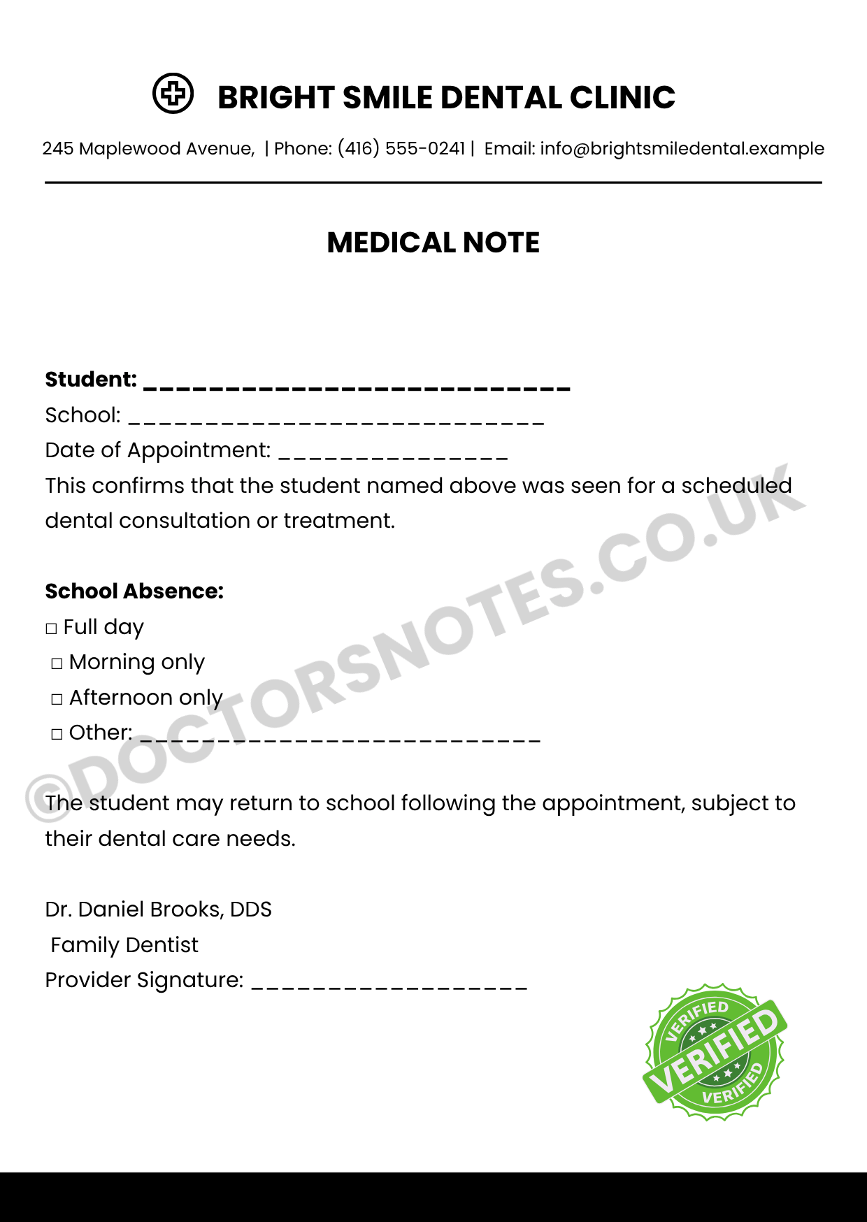 Doctor note for Dentist Appointment