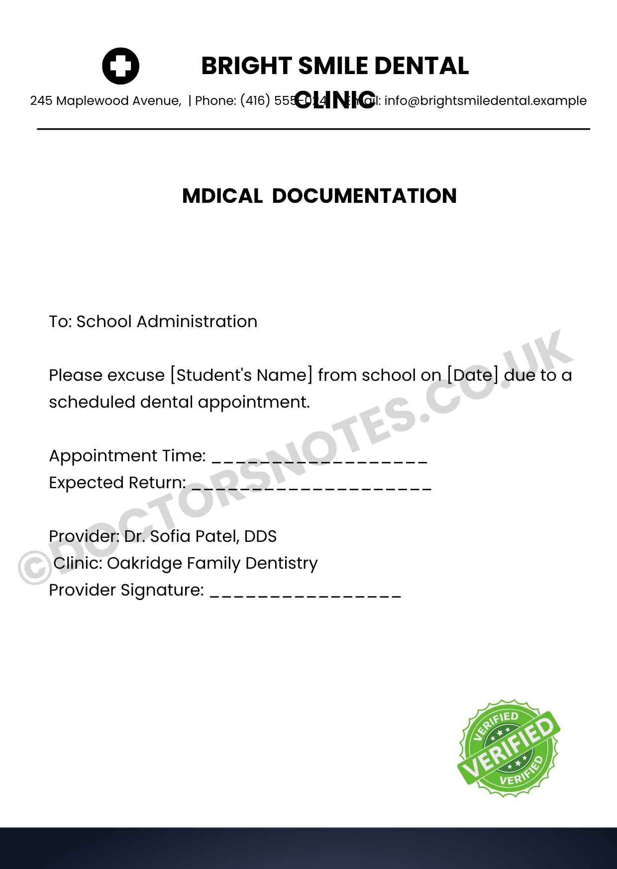Doctor note for Dentist Appointment