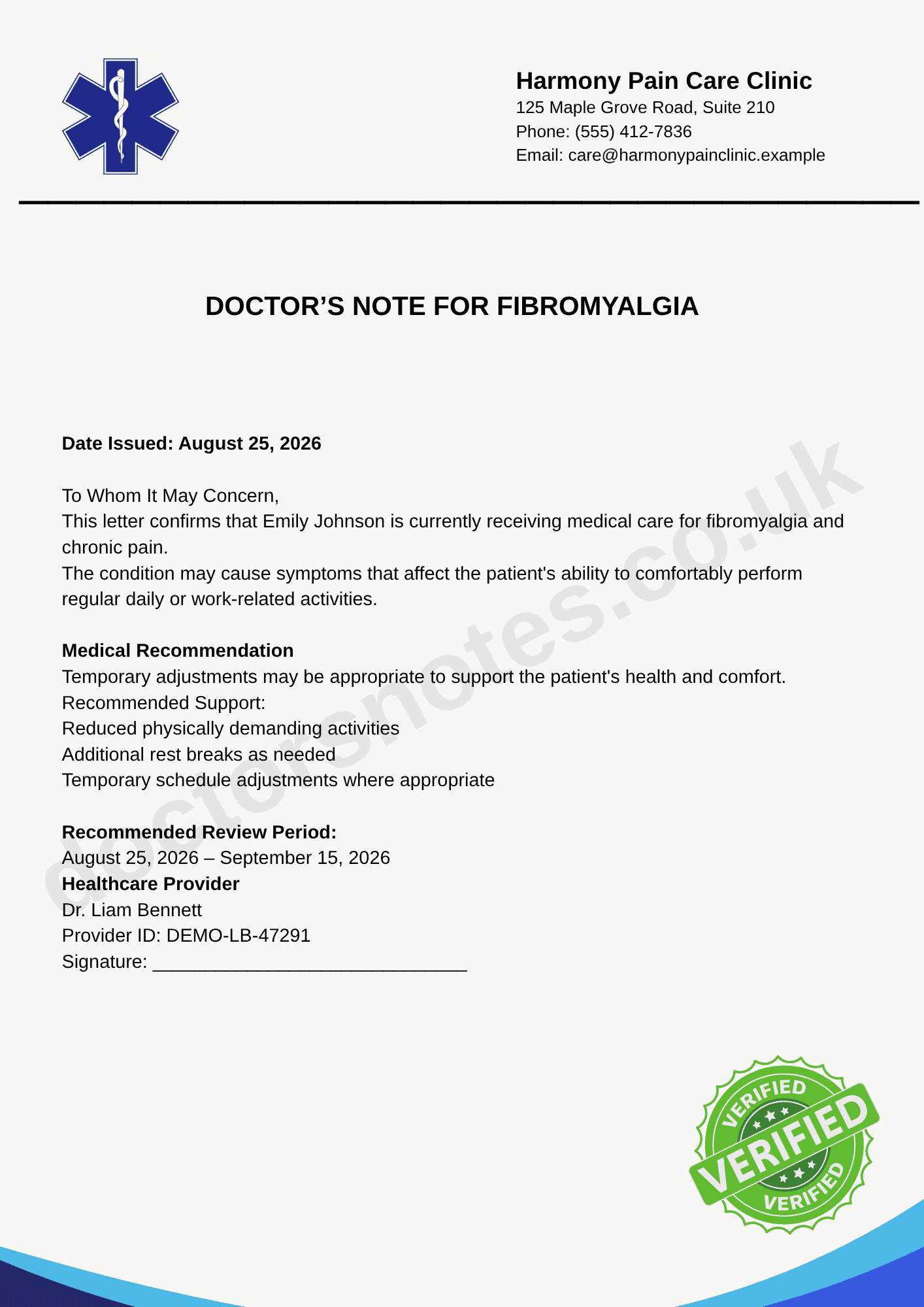 DOCTOR’S NOTE FOR FIBROMYALGIA