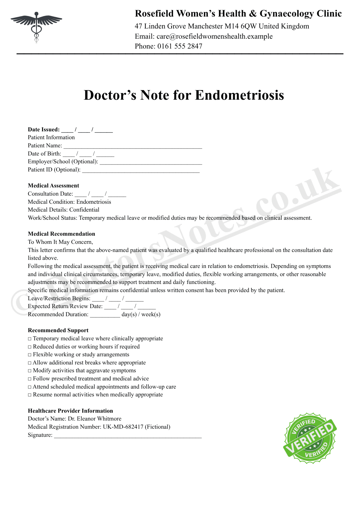 Doctor’s Note for Endometriosis.