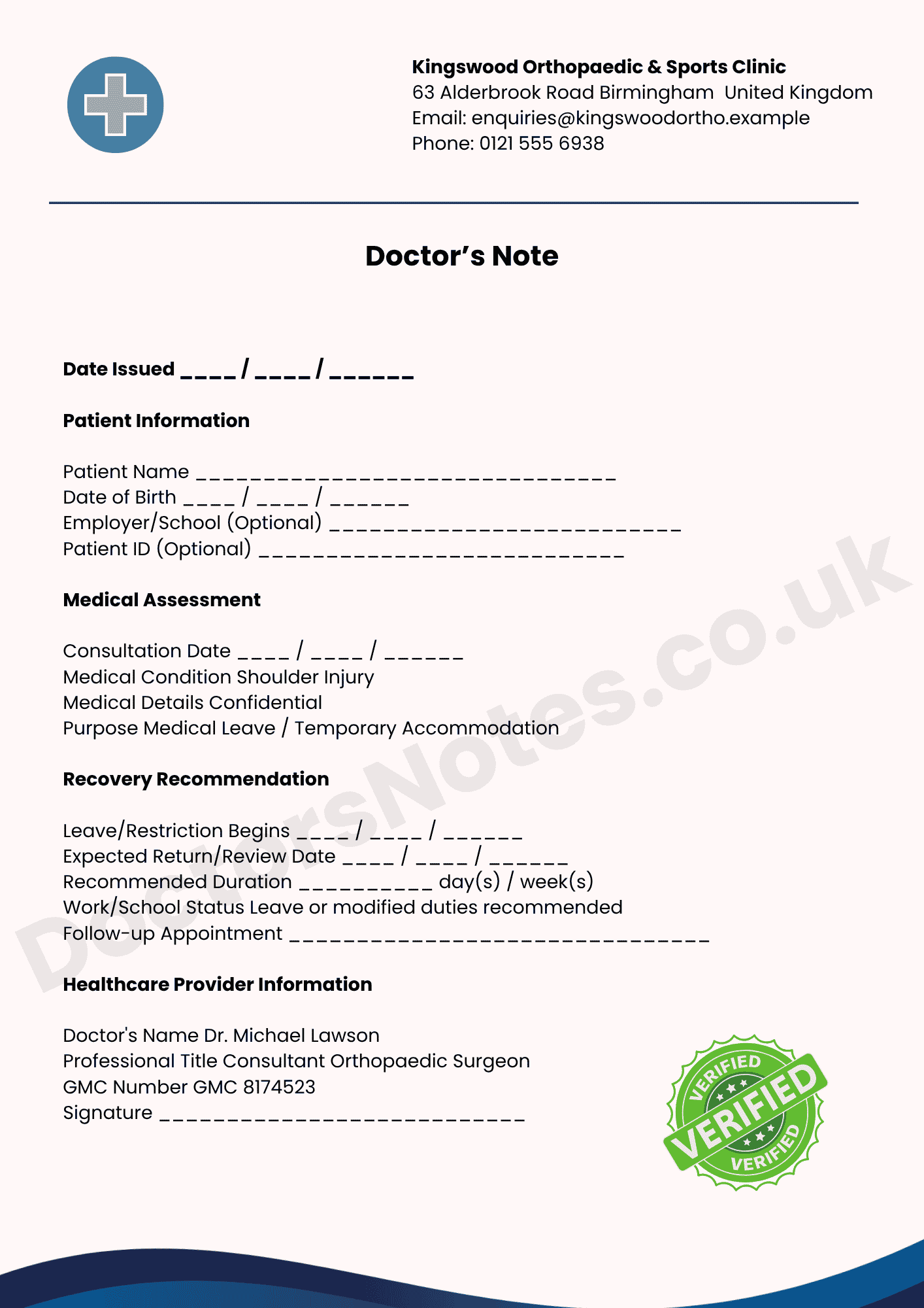 Doctor's Note for Shoulder Injury