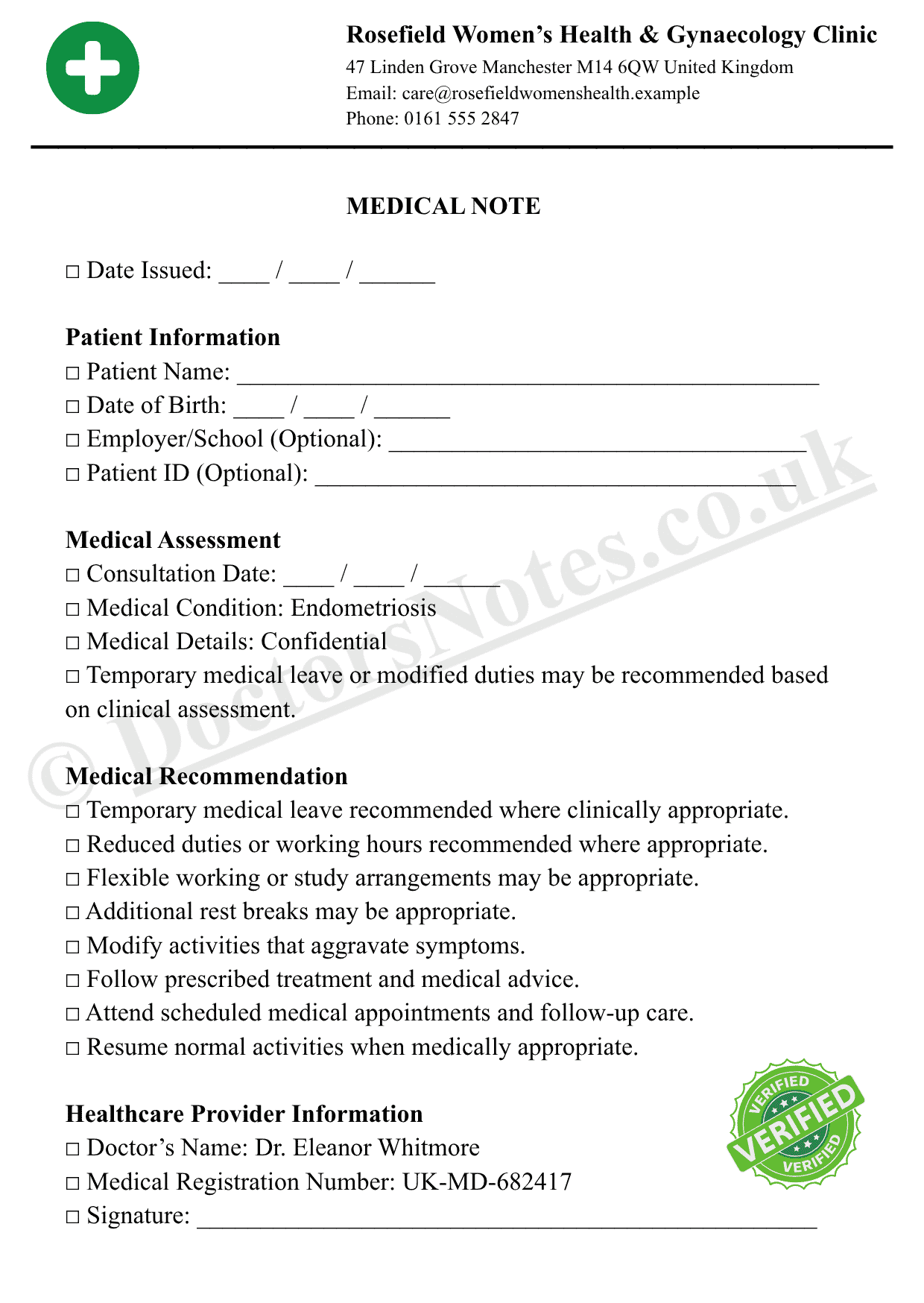 Doctor’s Note for Endometriosis.