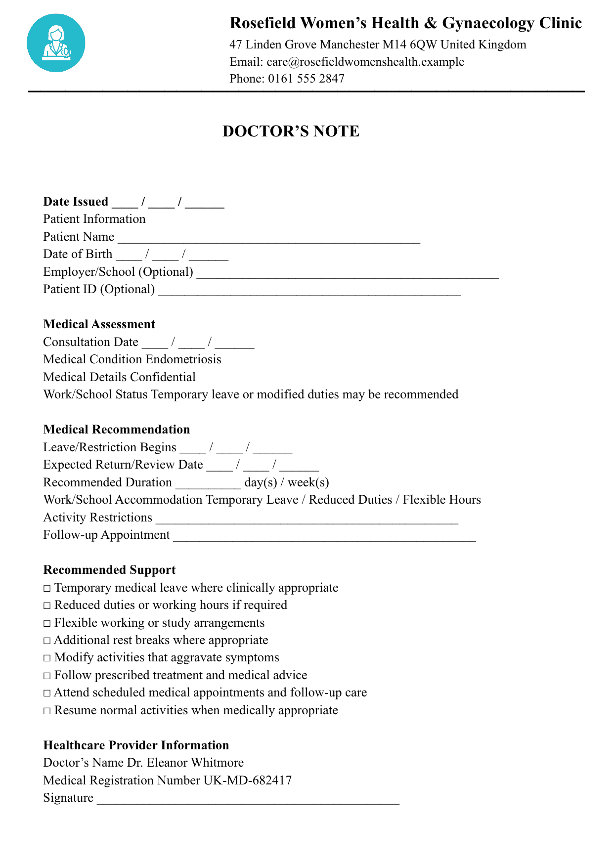 Doctor’s Note for Endometriosis.