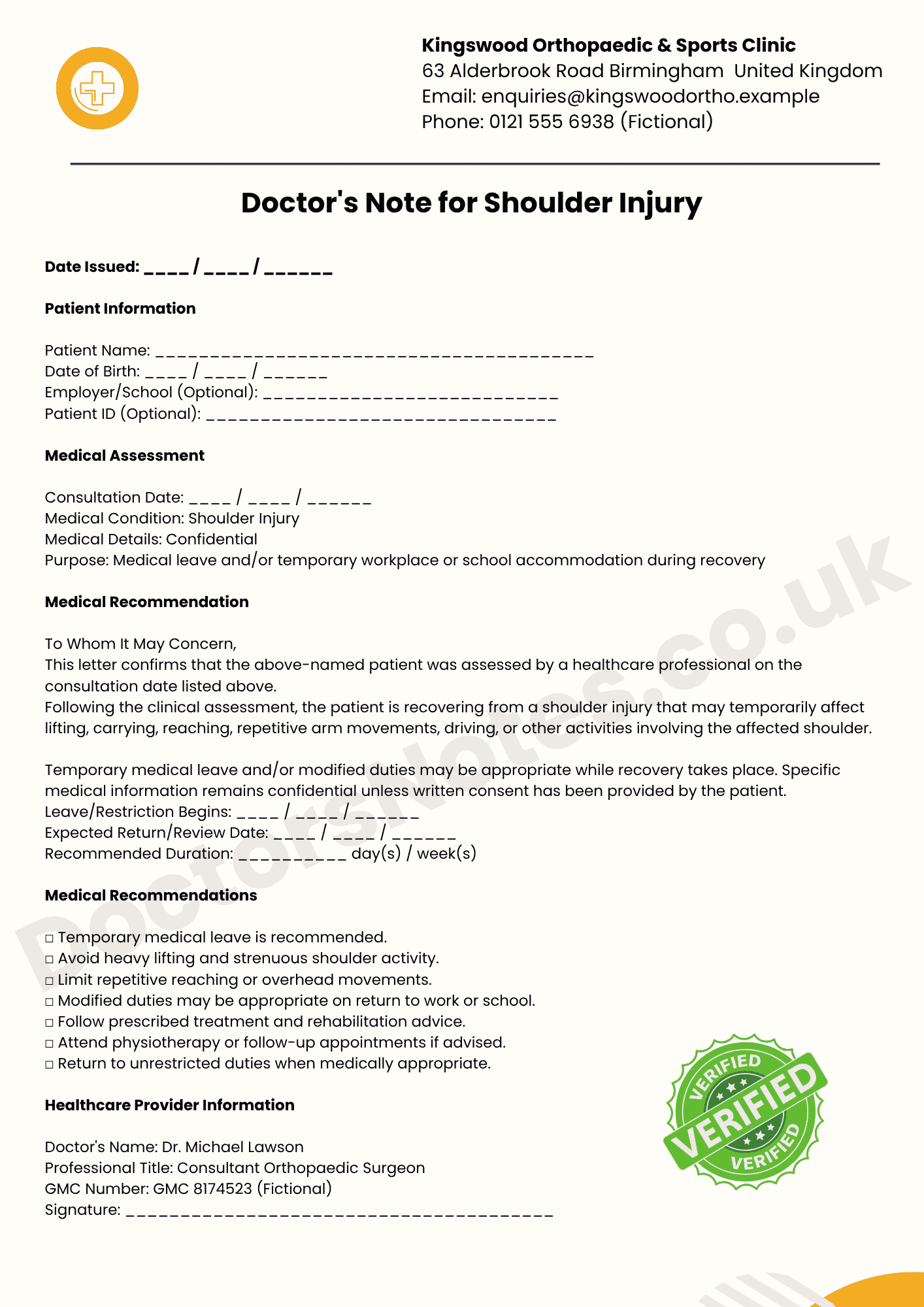 Doctor's Note for Shoulder Injury