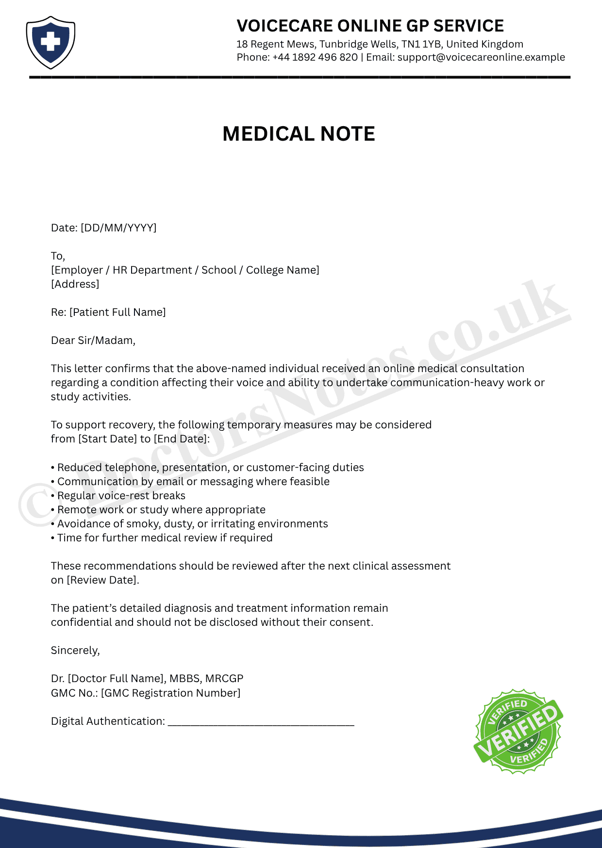 DOCTOR’S NOTE FOR LOSS OF VOICE