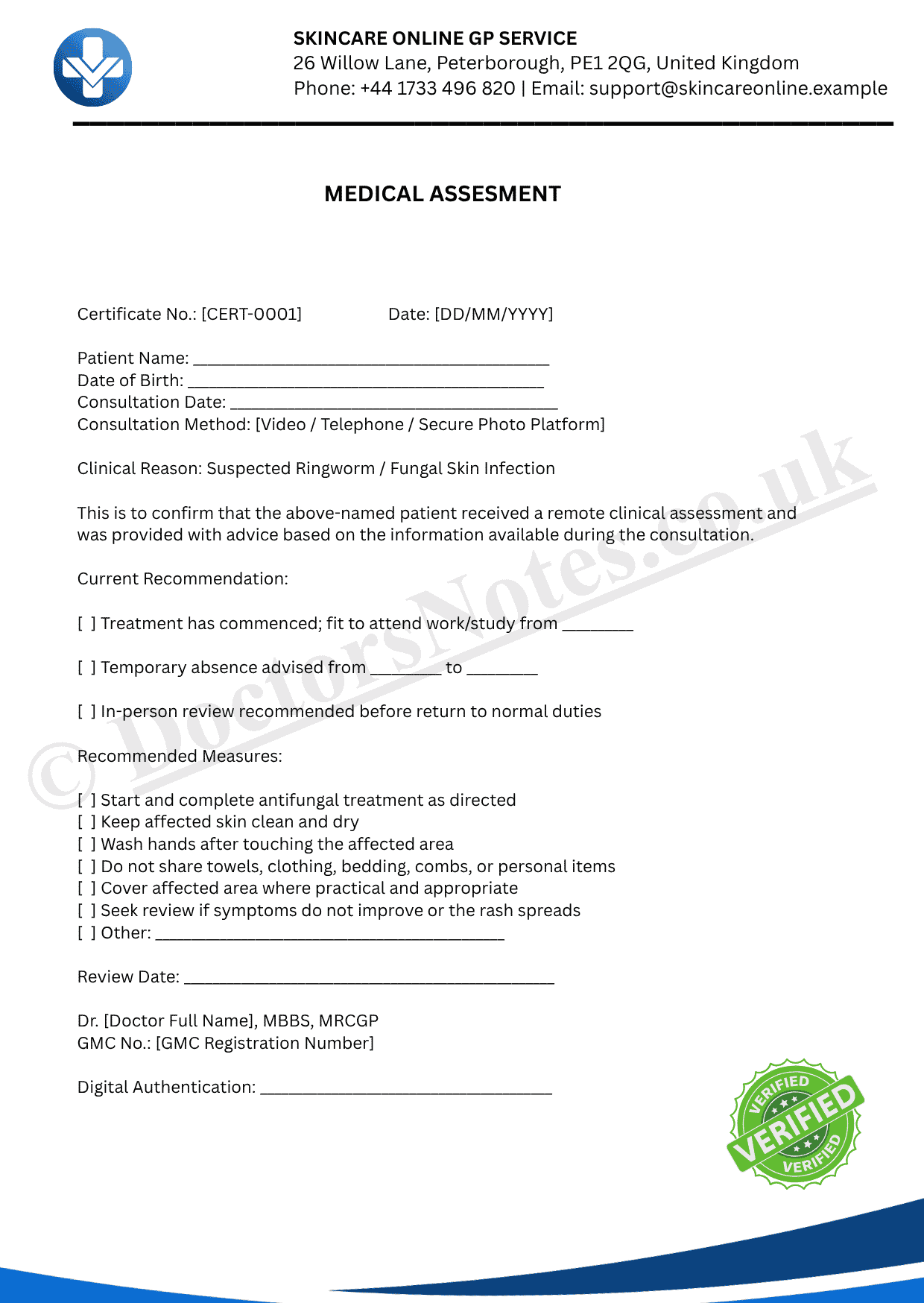 DOCTOR’S NOTE FOR RINGWORM TREATMENT