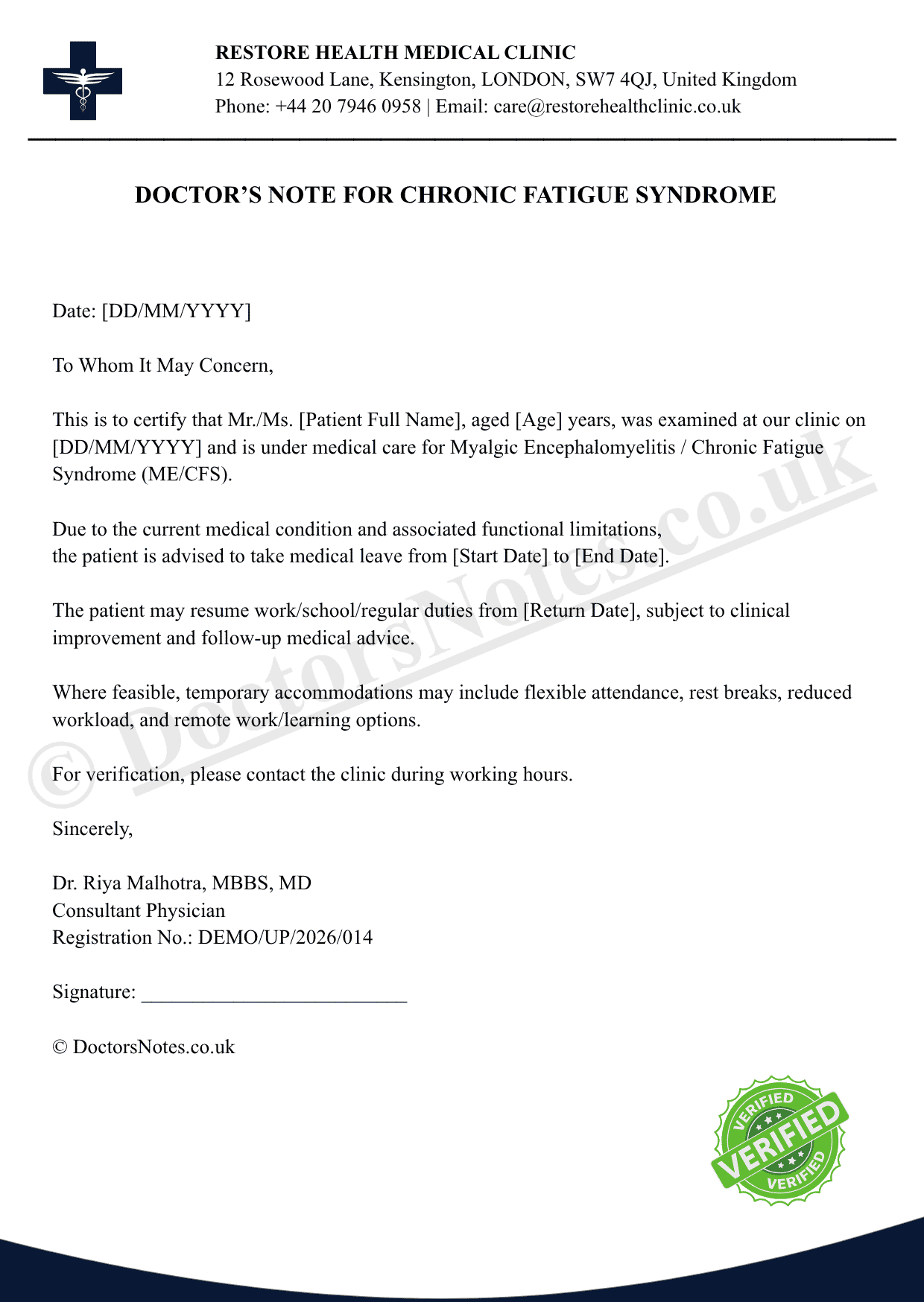 DOCTOR’S NOTE FOR CHRONIC FATIGUE SYNDROME