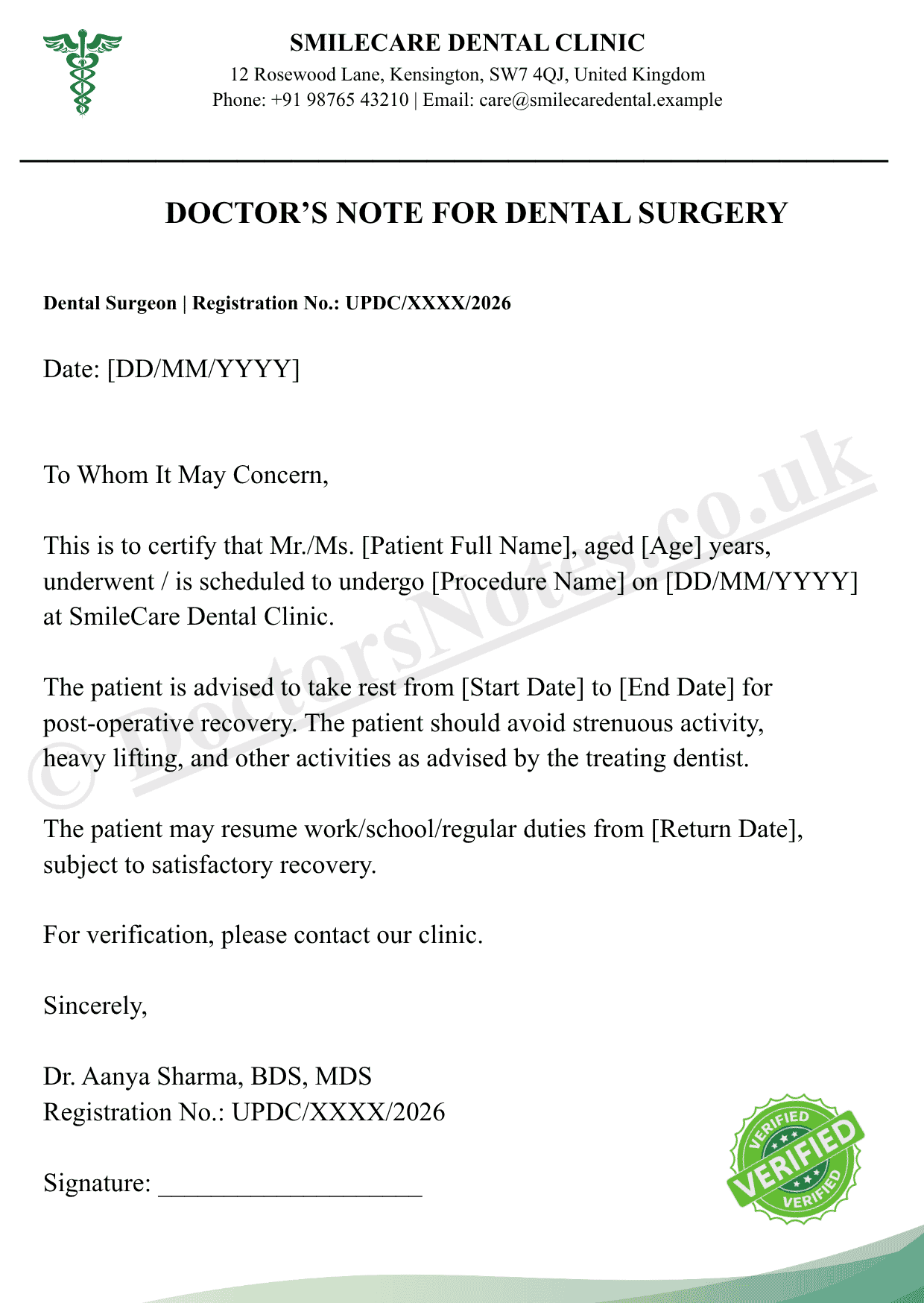 DOCTOR’S NOTE FOR DENTAL SURGERY