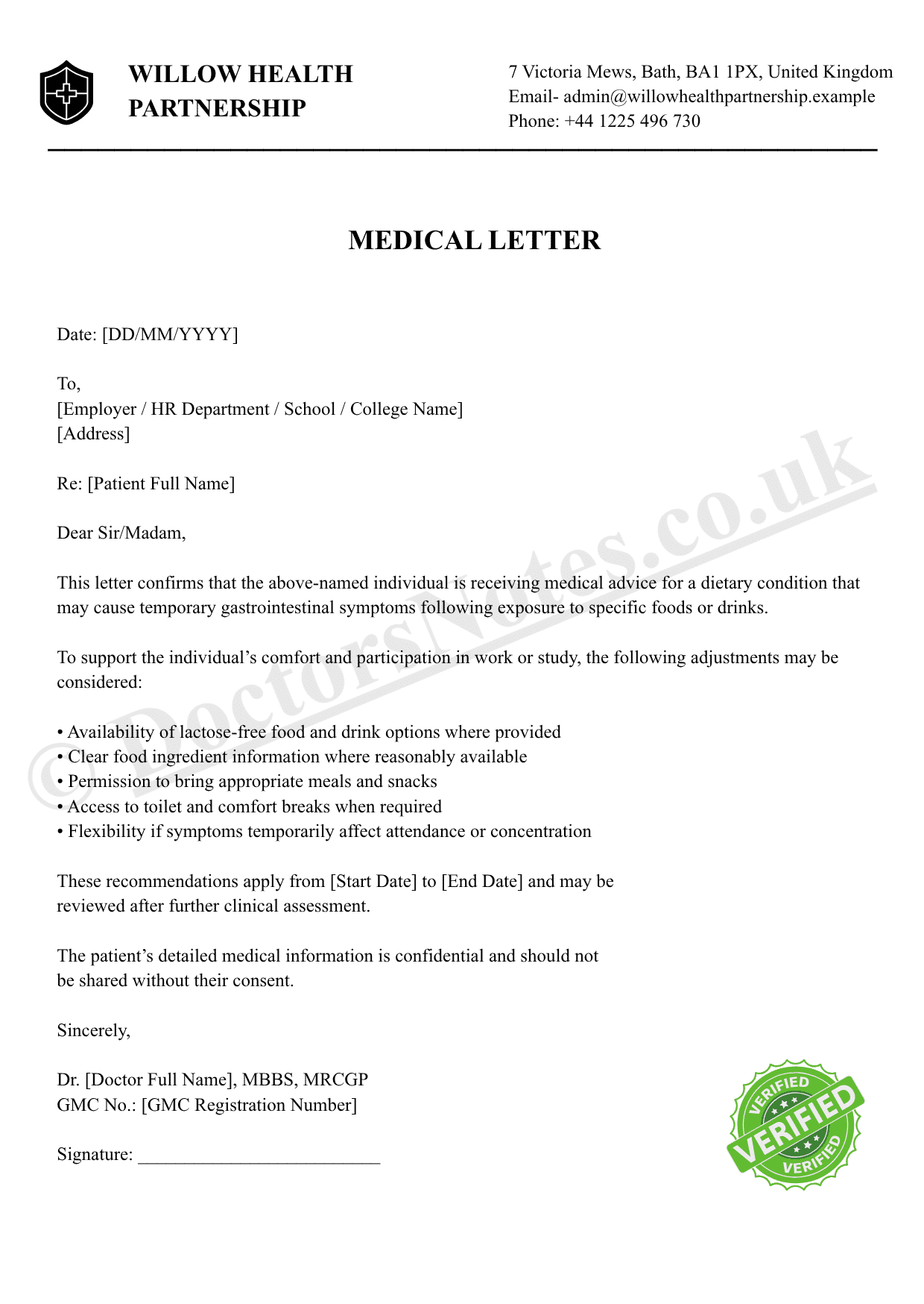 DOCTOR’S NOTE FOR LACTOSE INTOLERANCE