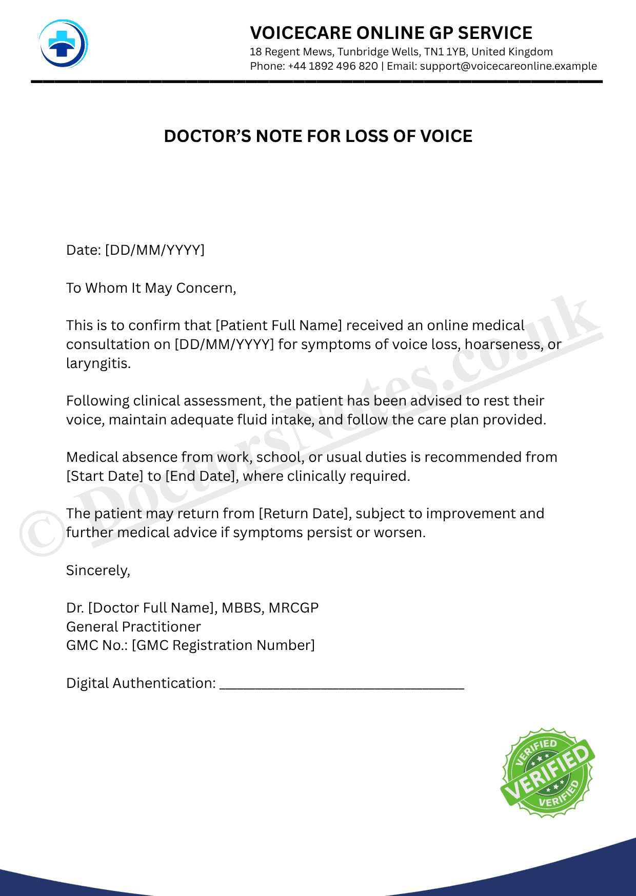 DOCTOR’S NOTE FOR LOSS OF VOICE