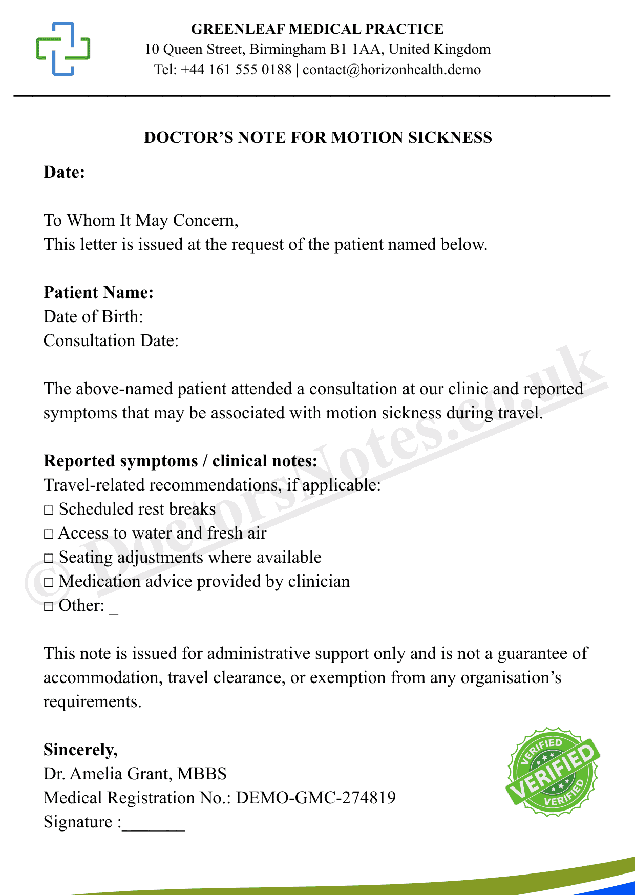 DOCTOR’S NOTE FOR PASSPORT APPOINTMENT
