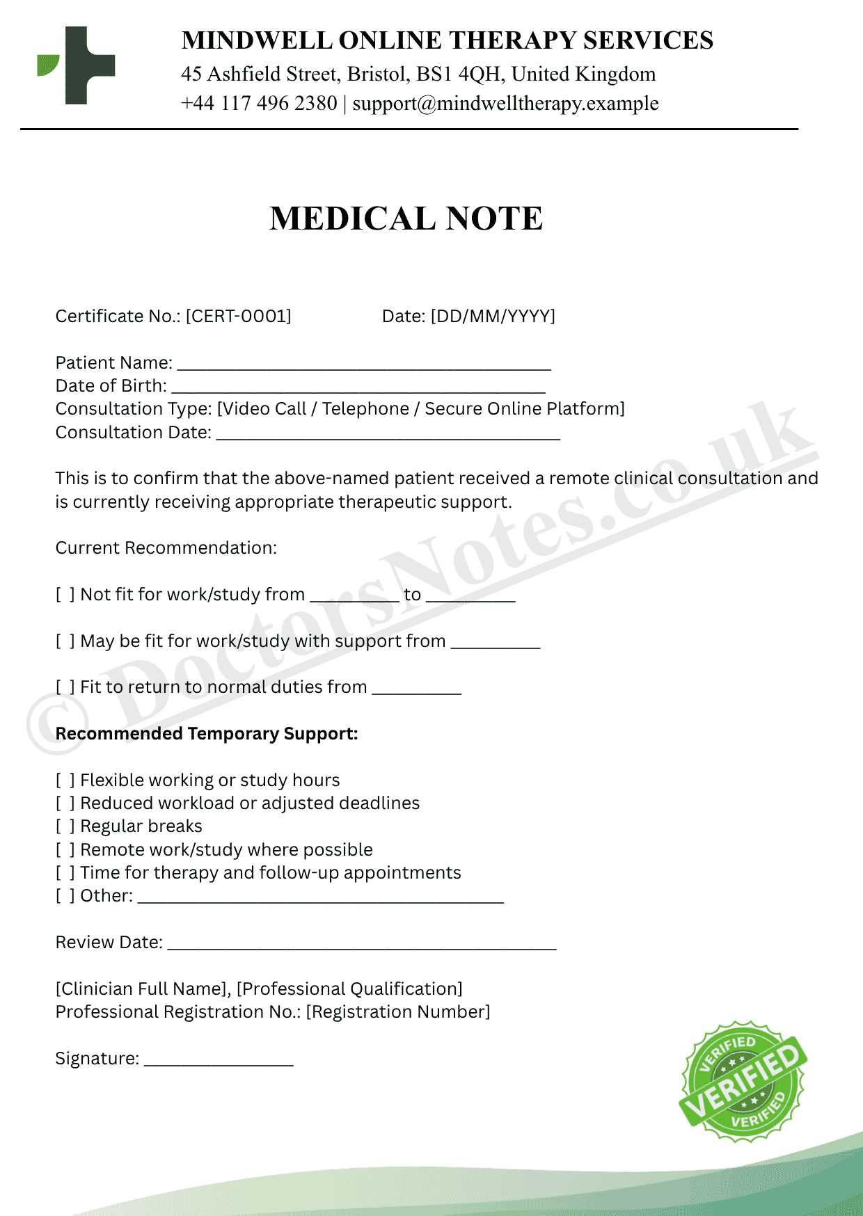 ONLINE THERAPIST DOCTOR’S NOTE