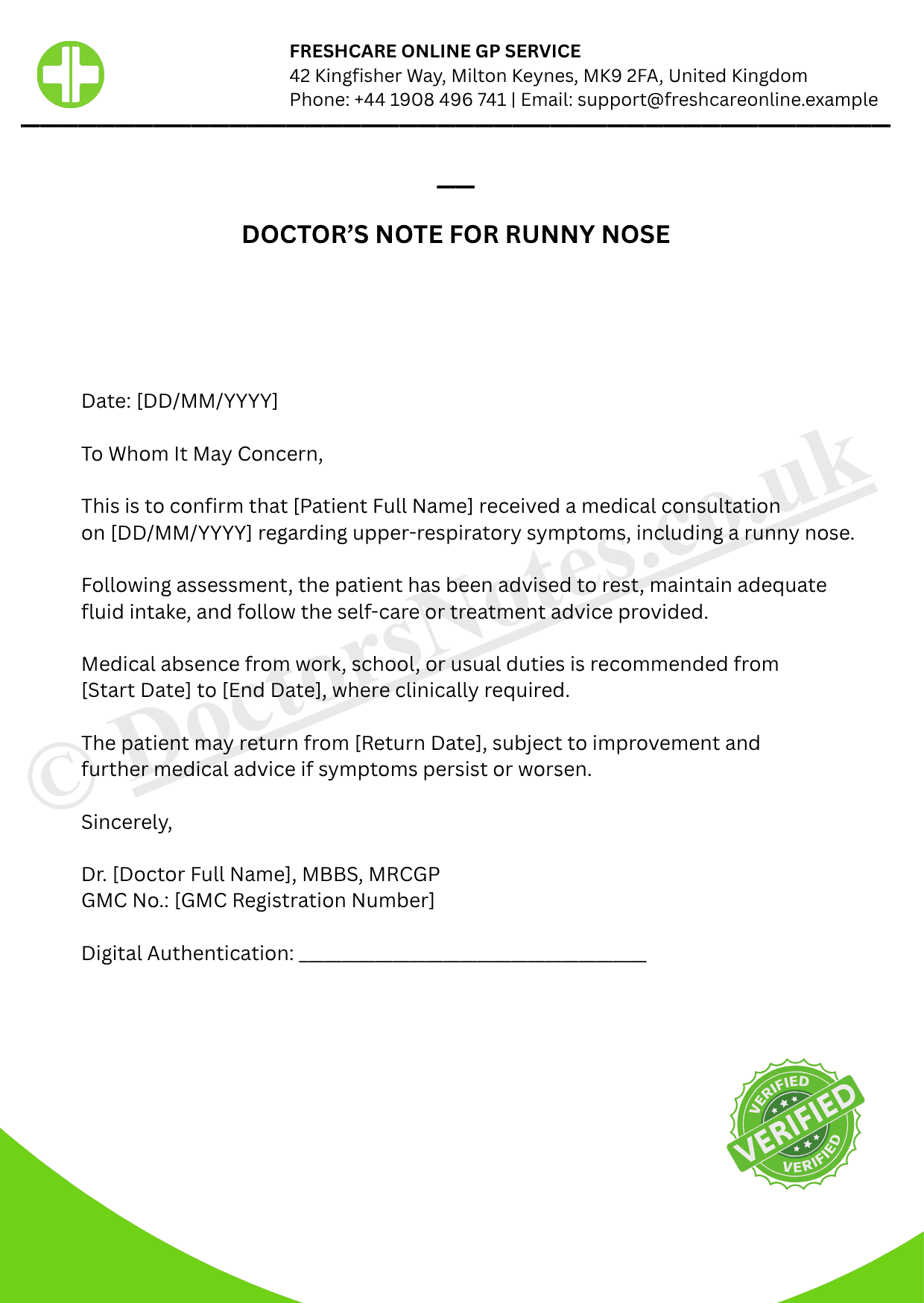 DOCTOR’S NOTE FOR RUNNY NOSE