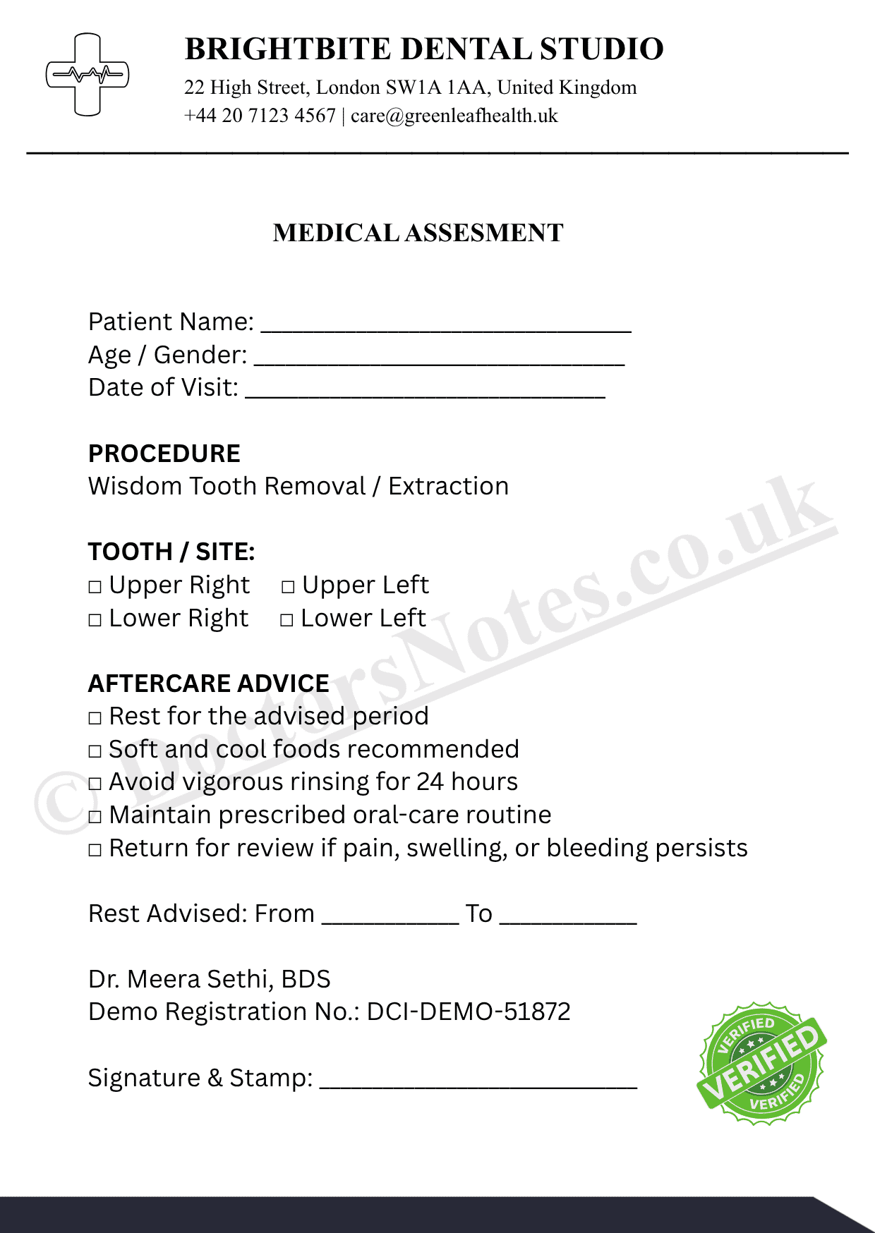 Doctor's Note for Wisdom Tooth Removal