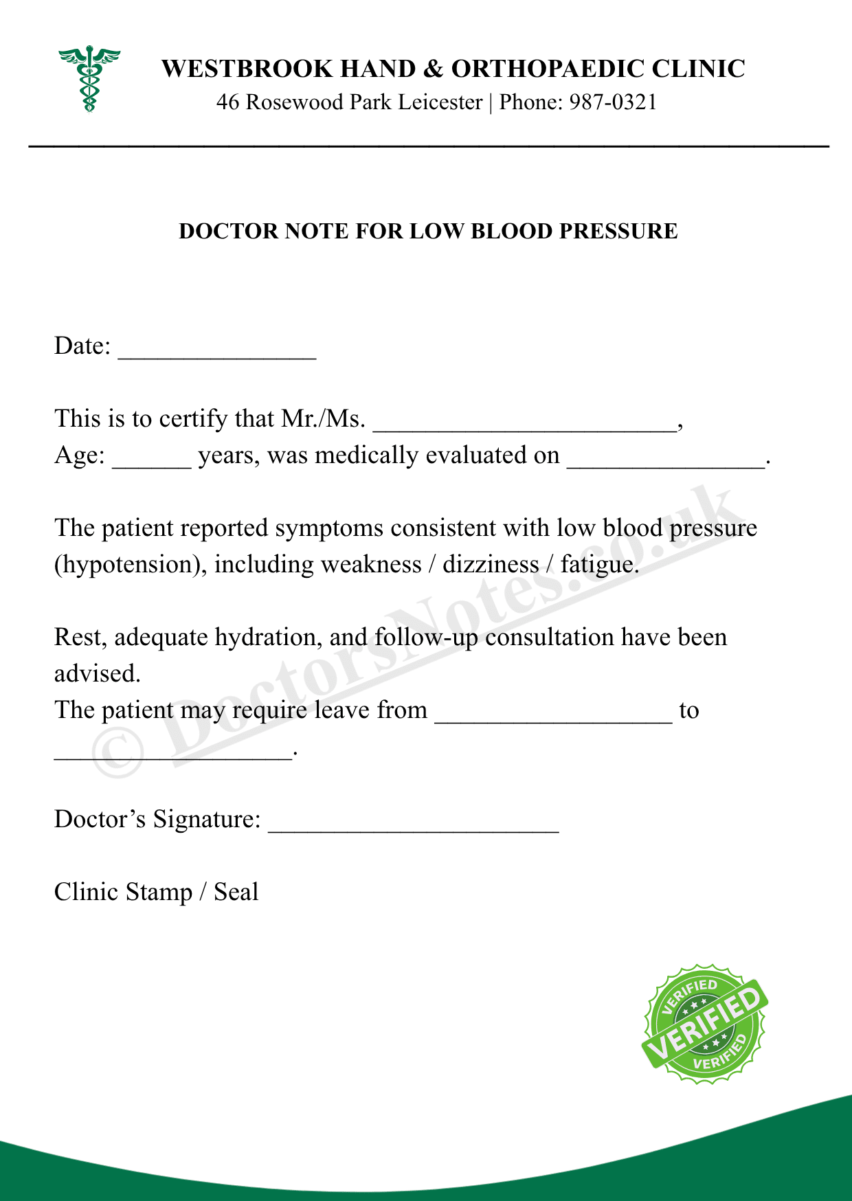 Doctor Note for Low Blood Pressure