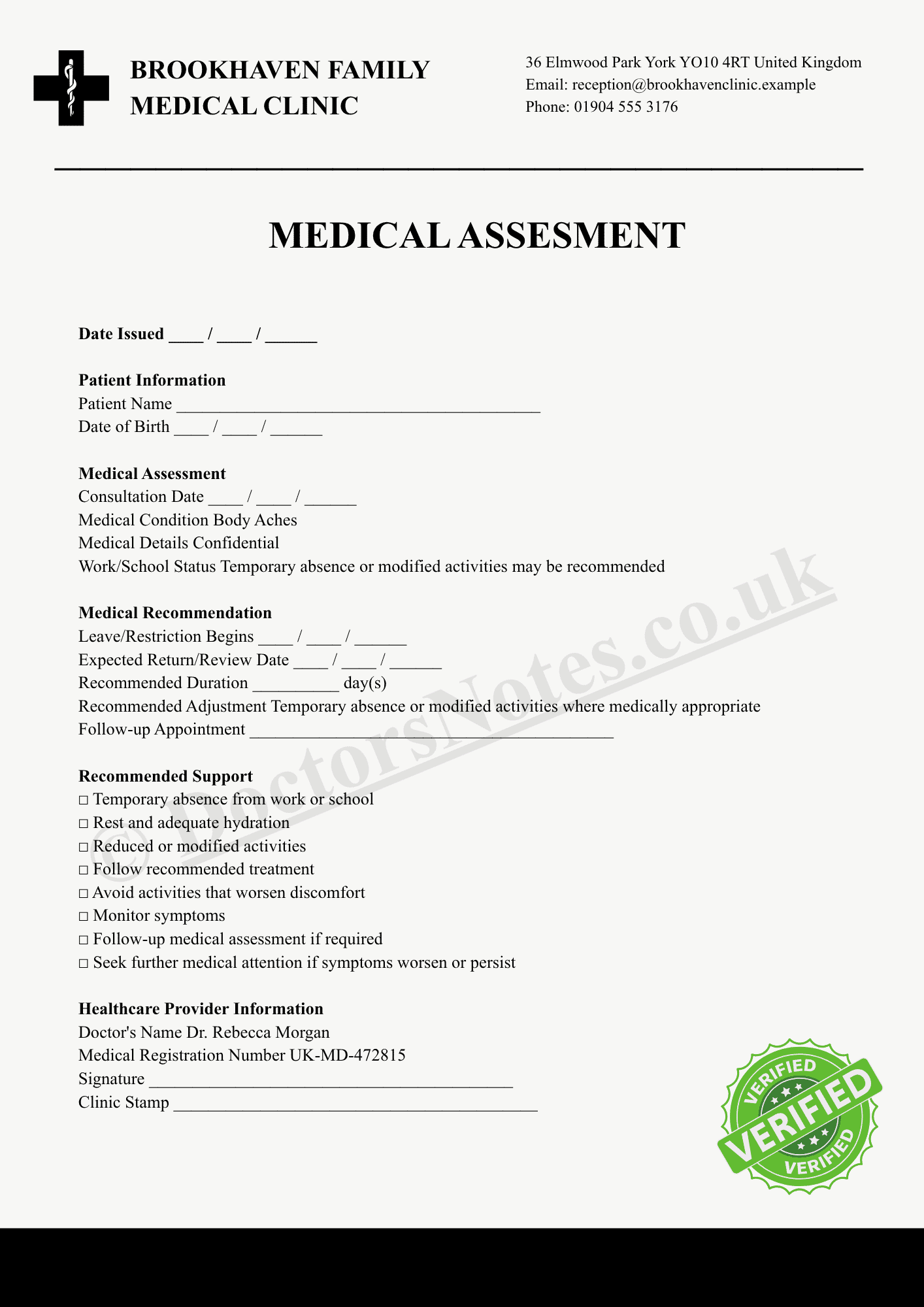 Doctor’s Note for Body Aches