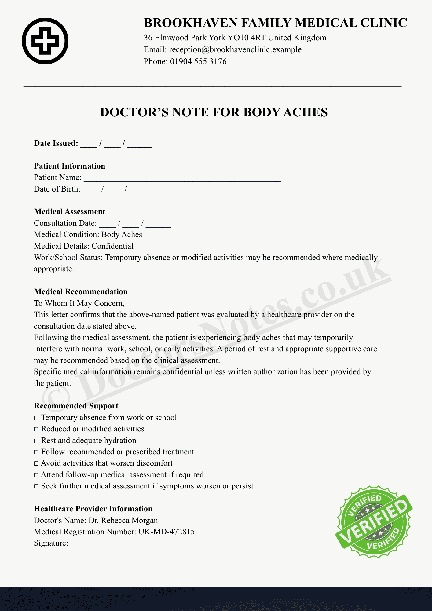 Doctor’s Note for Body Aches