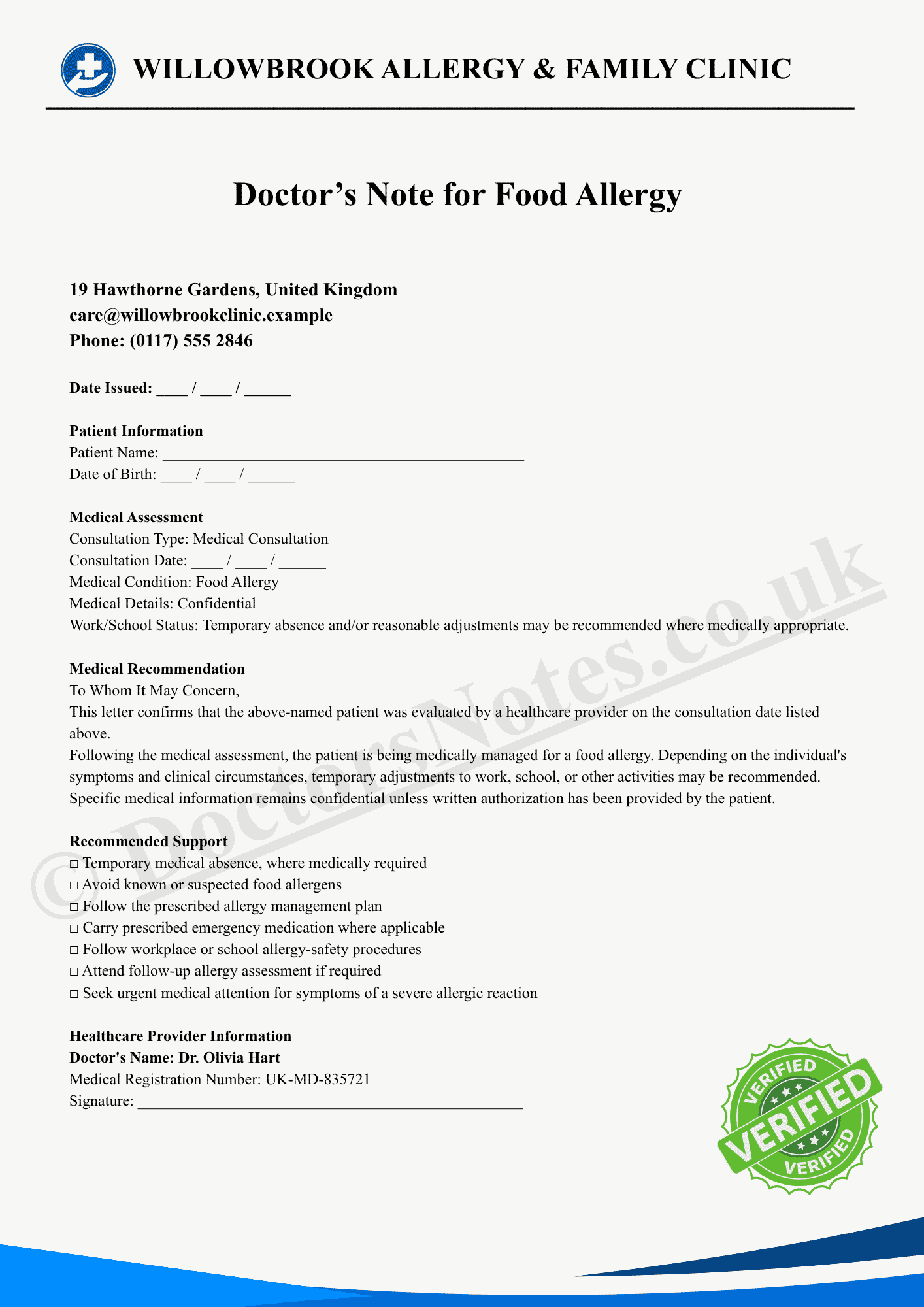Doctor’s Note for Food Allergy