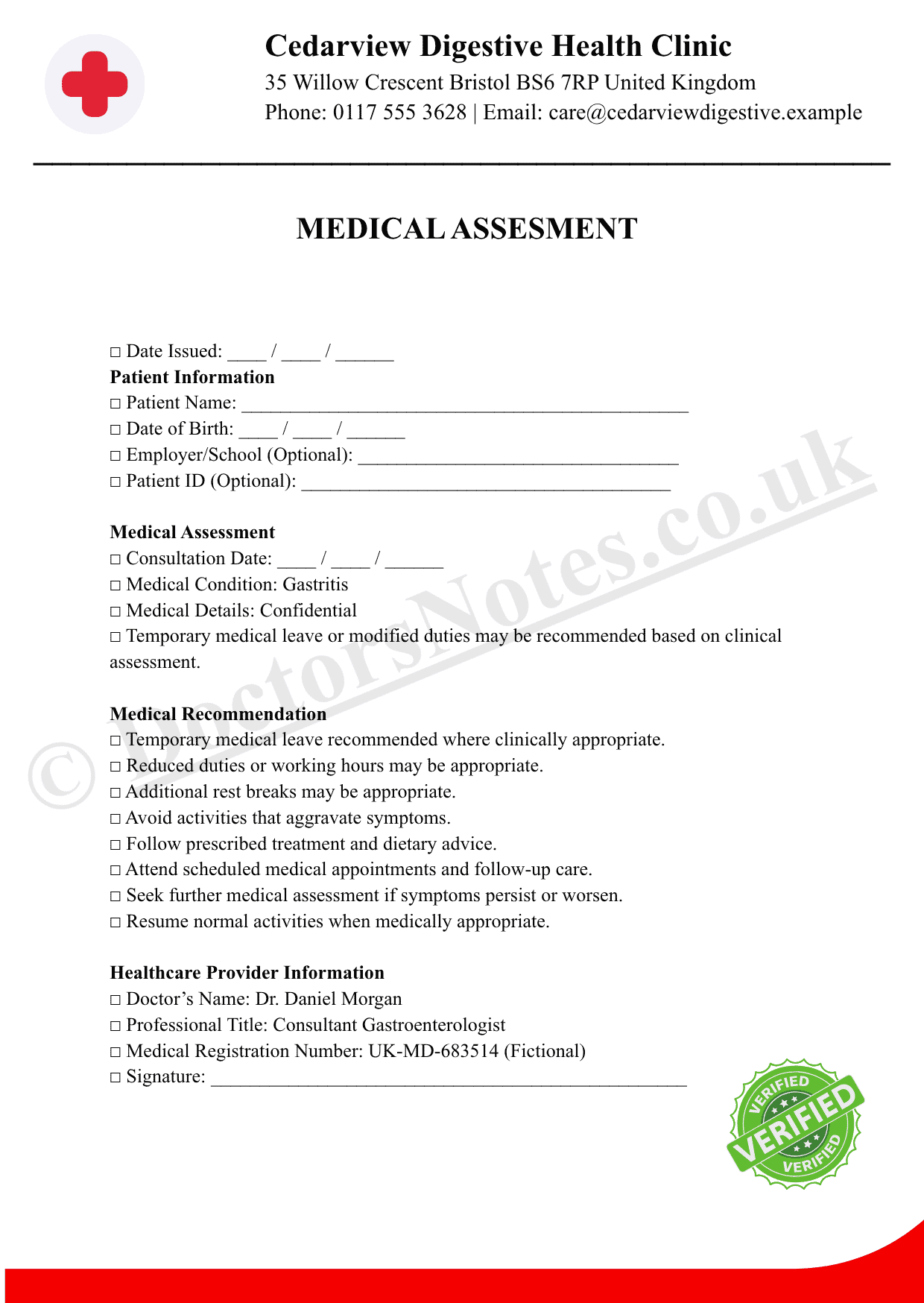 Doctor’s Note for Gastritis
