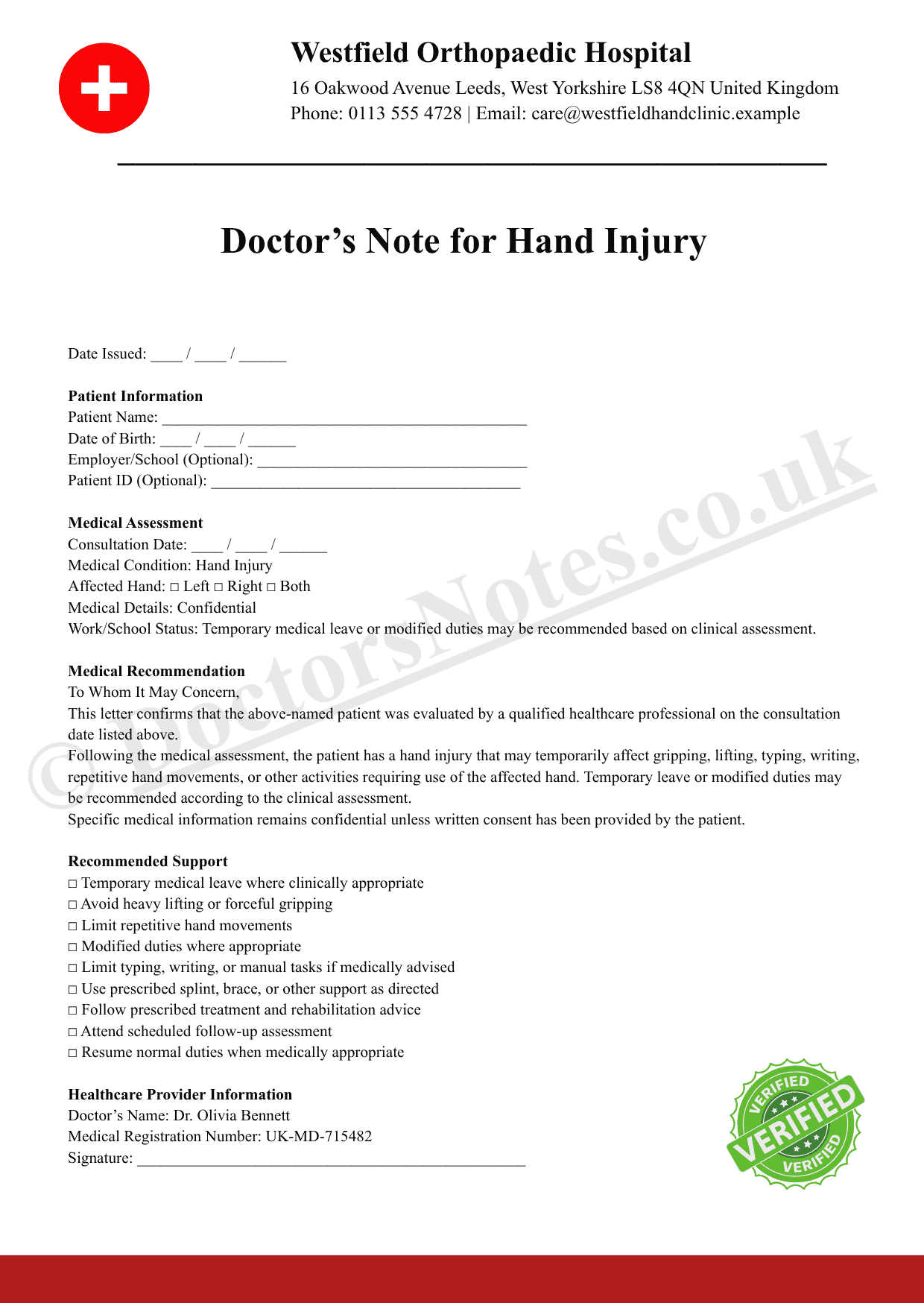 Doctor’s Note for Hand Injury