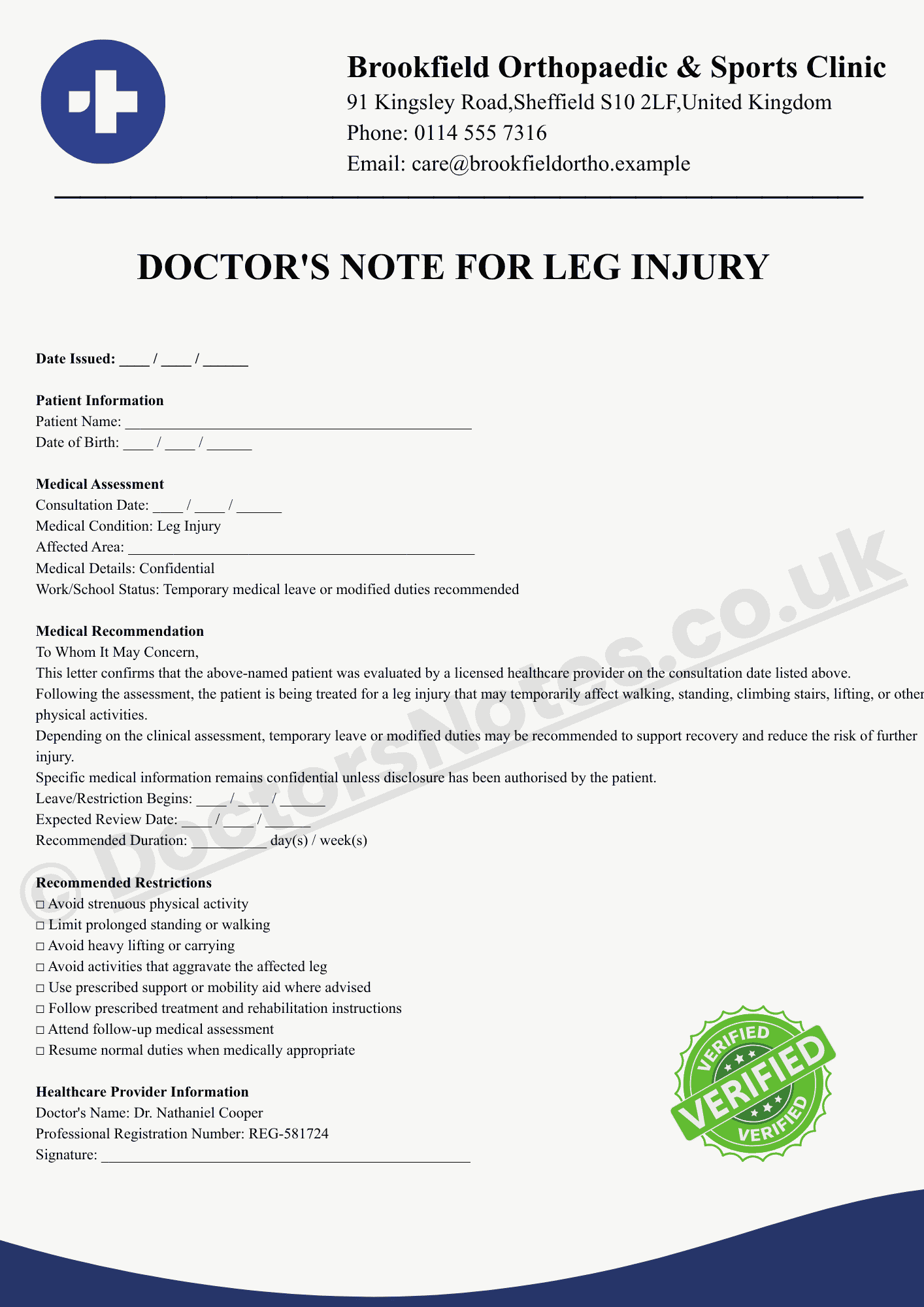 Doctor's Note for Leg Injury