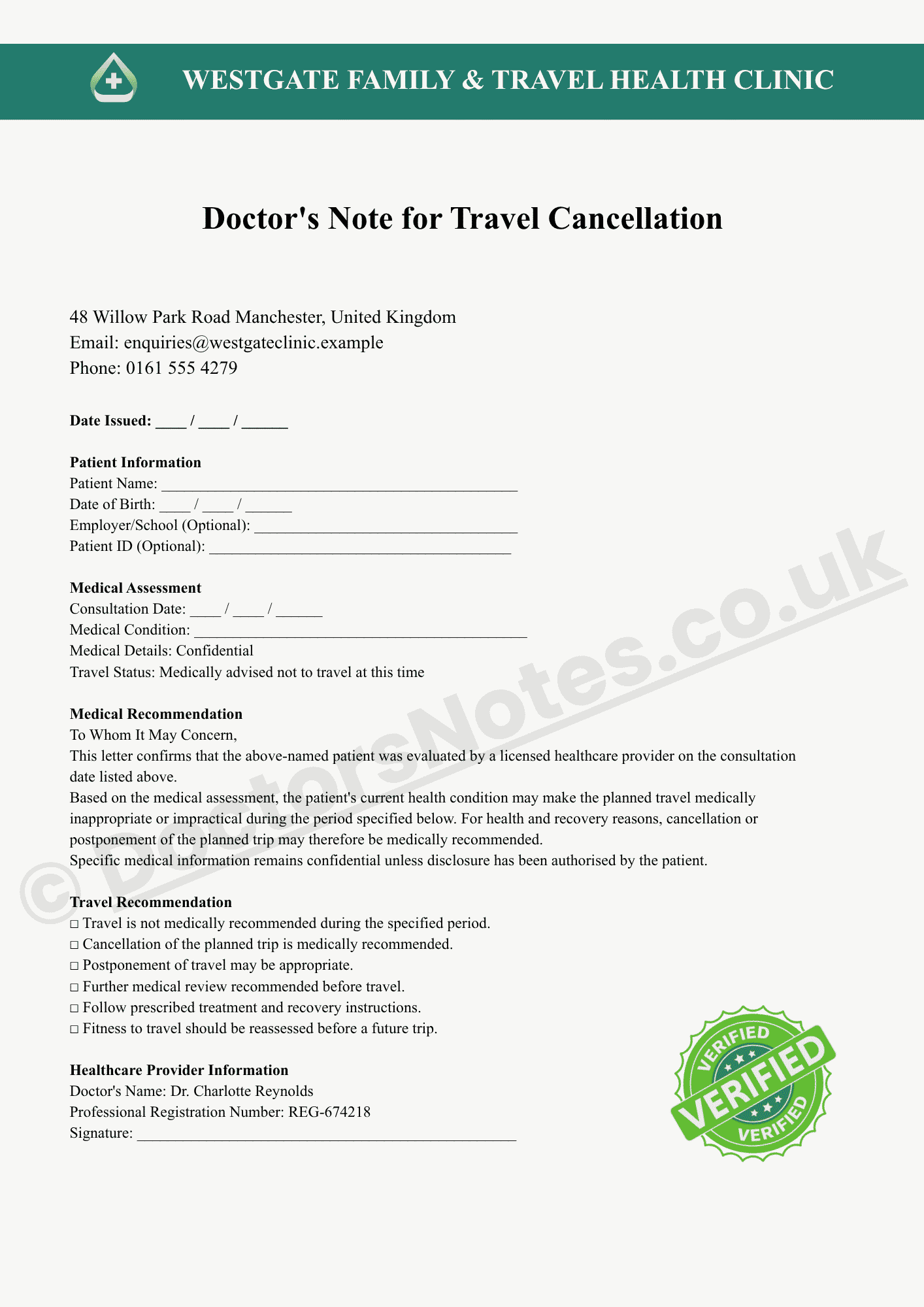 Doctor's Note for Travel Cancellation
