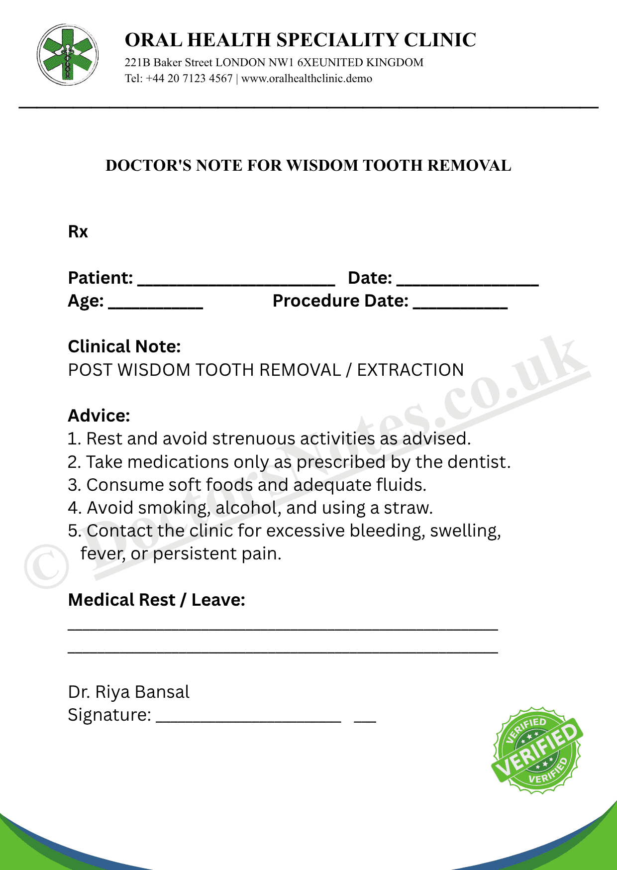 Doctor's Note for Wisdom Tooth Removal