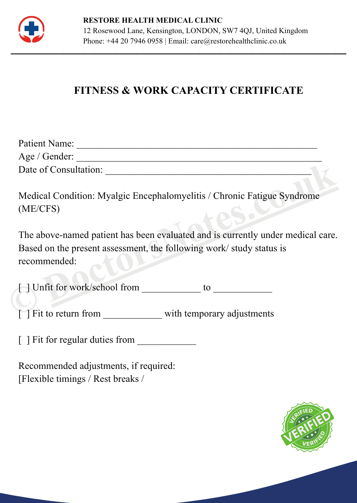 DOCTOR’S NOTE FOR CHRONIC FATIGUE SYNDROME