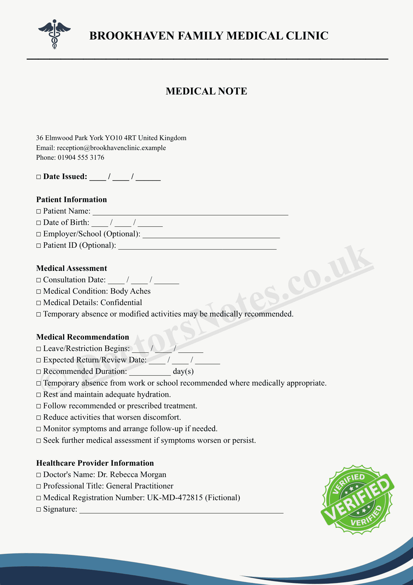 Doctor’s Note for Body Aches