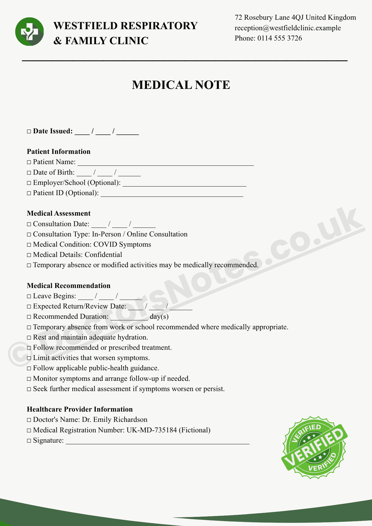 Doctor's Note for COVID Symptoms