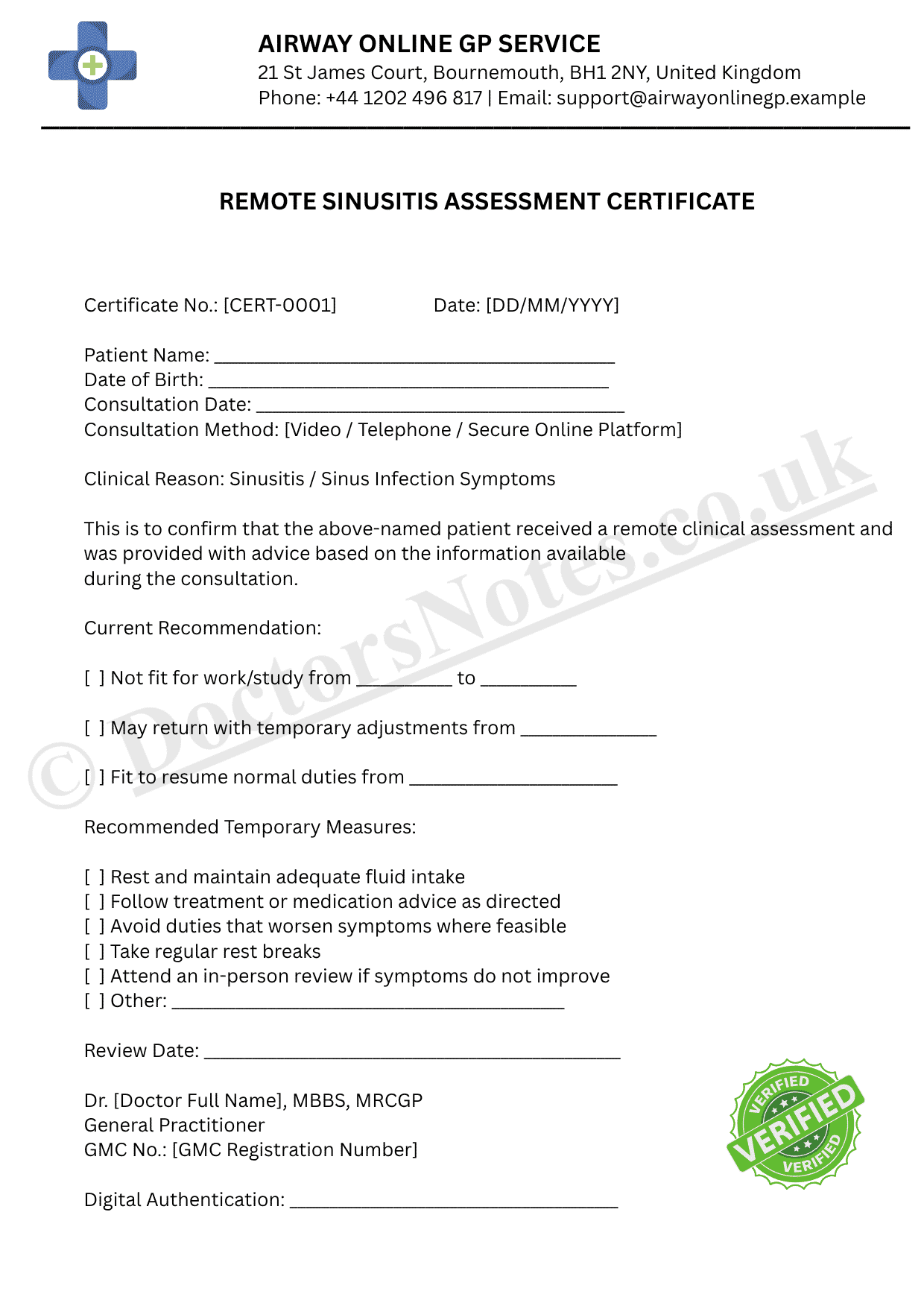 DOCTOR’S NOTE FOR SINUSITIS