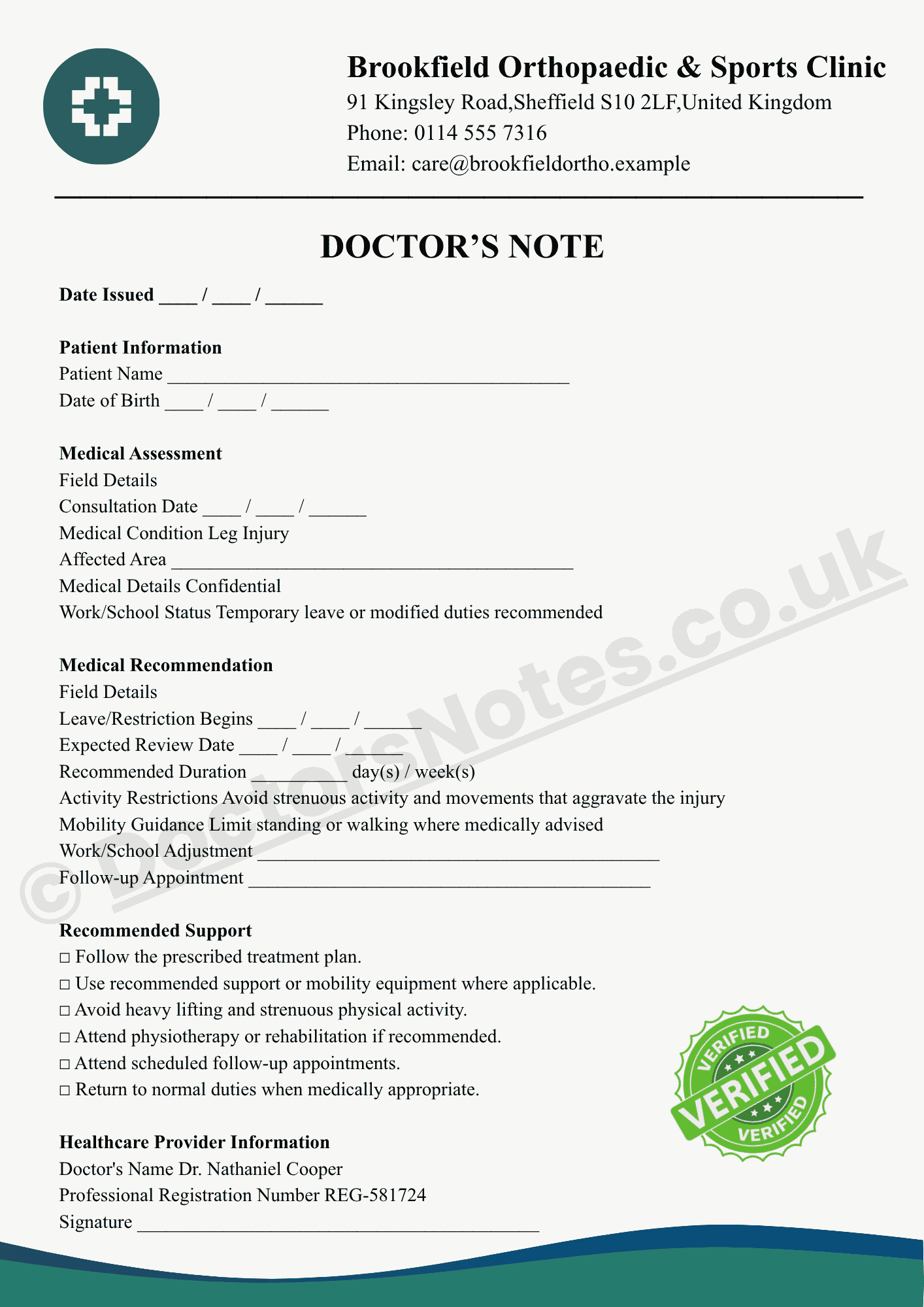 Doctor's Note for Leg Injury