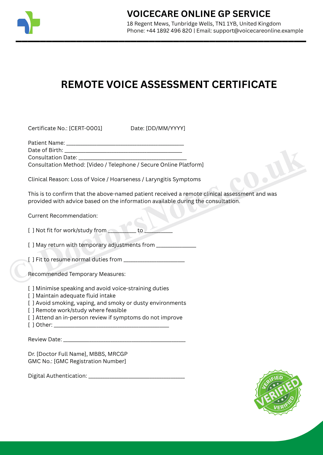 DOCTOR’S NOTE FOR LOSS OF VOICE