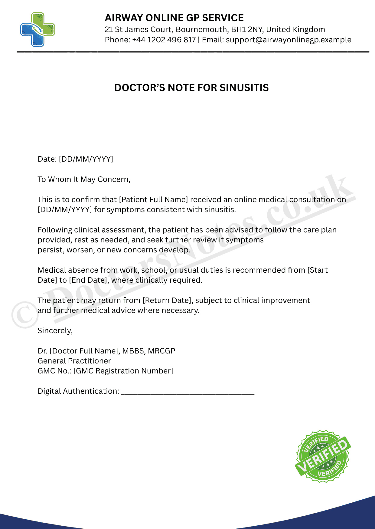 DOCTOR’S NOTE FOR SINUSITIS