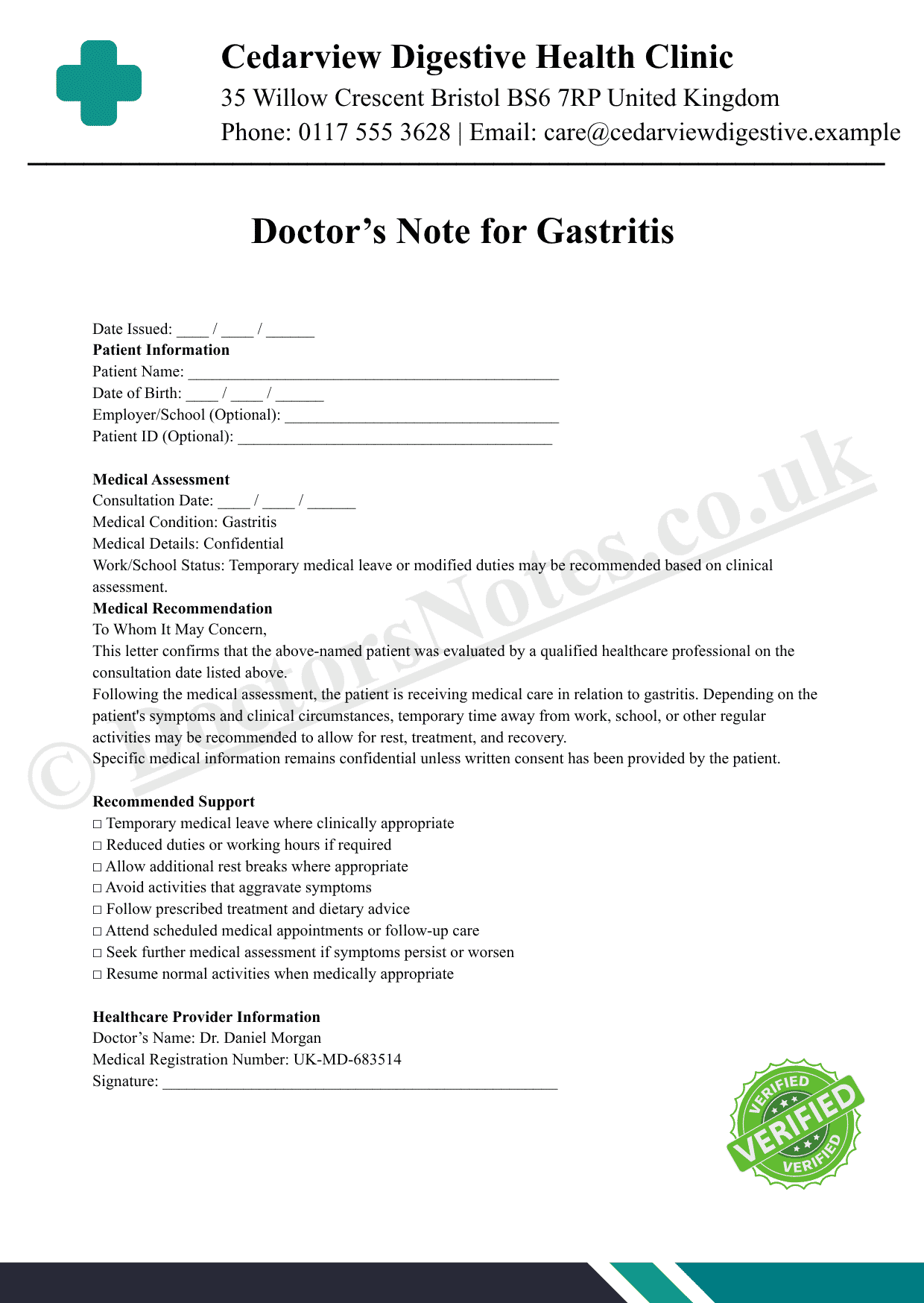 Doctor’s Note for Gastritis