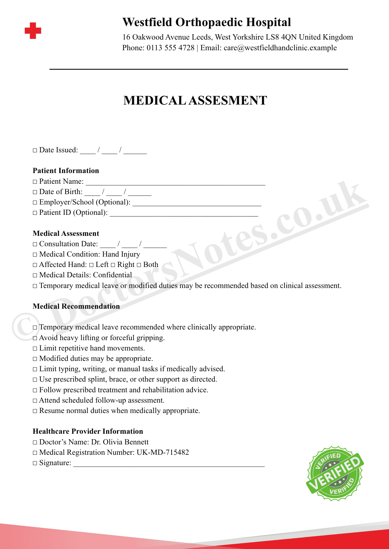 Doctor’s Note for Hand Injury