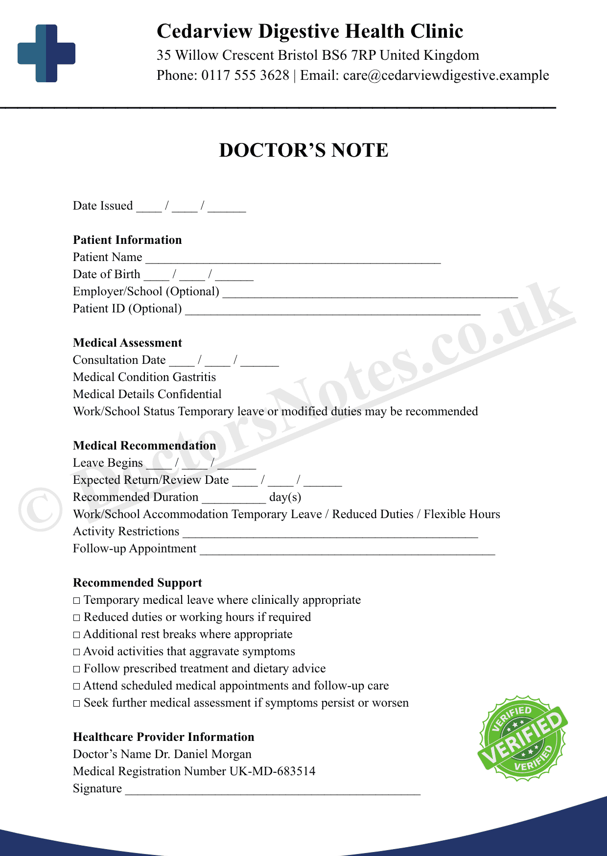 Doctor’s Note for Gastritis
