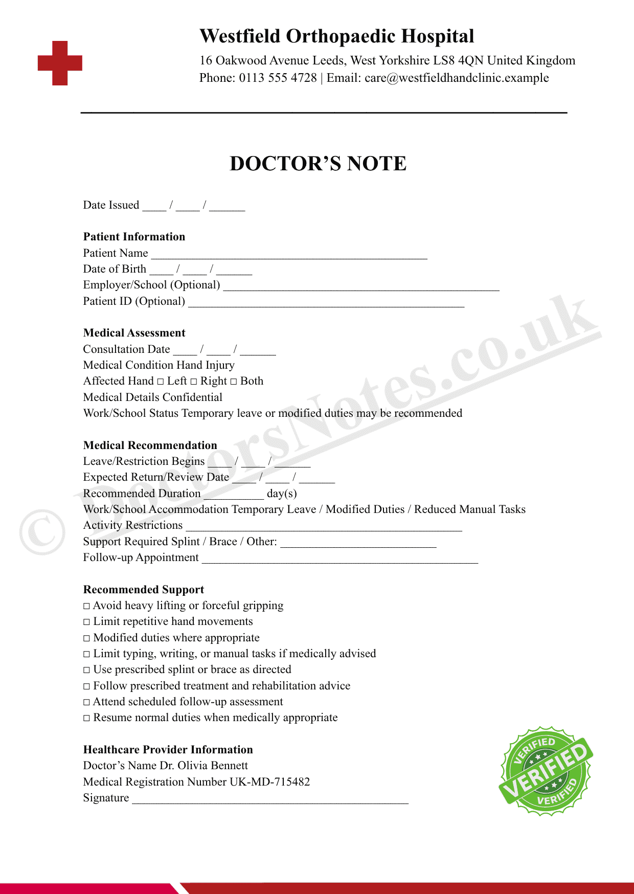 Doctor’s Note for Hand Injury