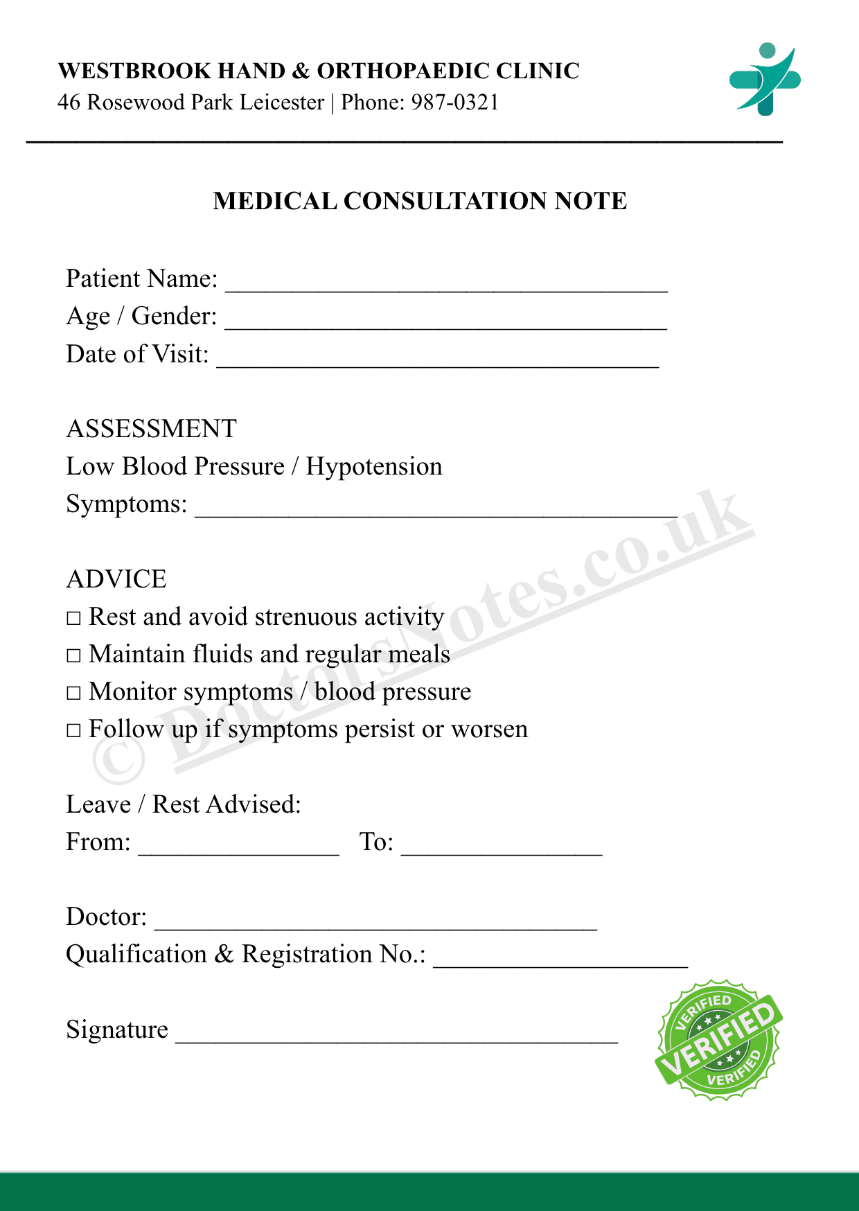 Medical Note for Low Blood Pressure