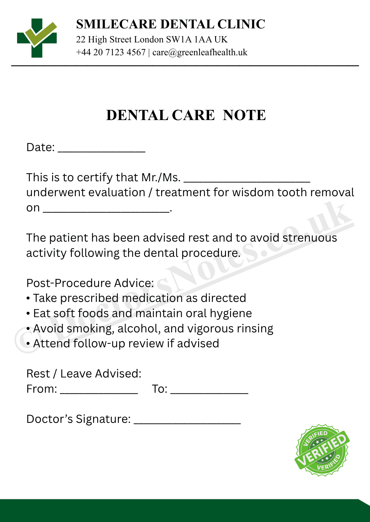 Doctor's Note for Wisdom Tooth Removal