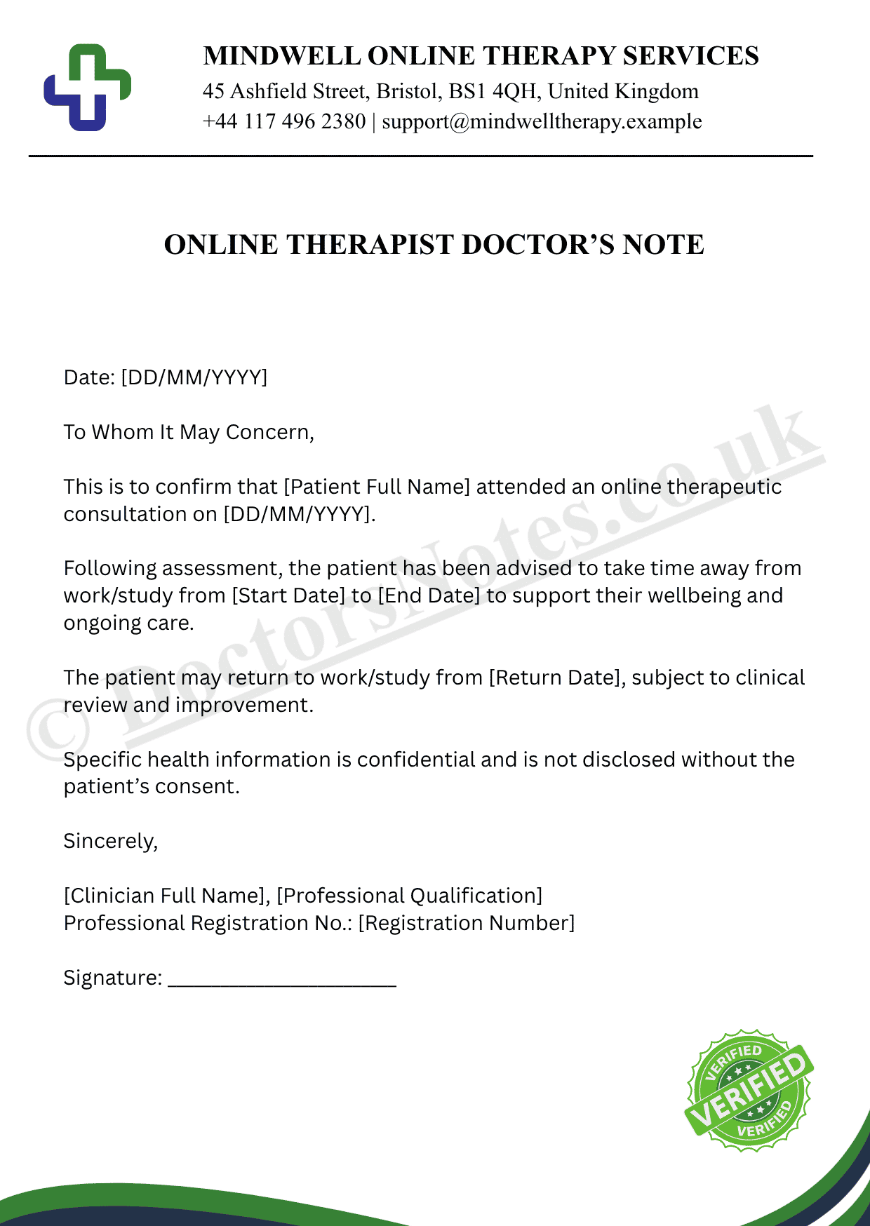 ONLINE THERAPIST DOCTOR’S NOTE
