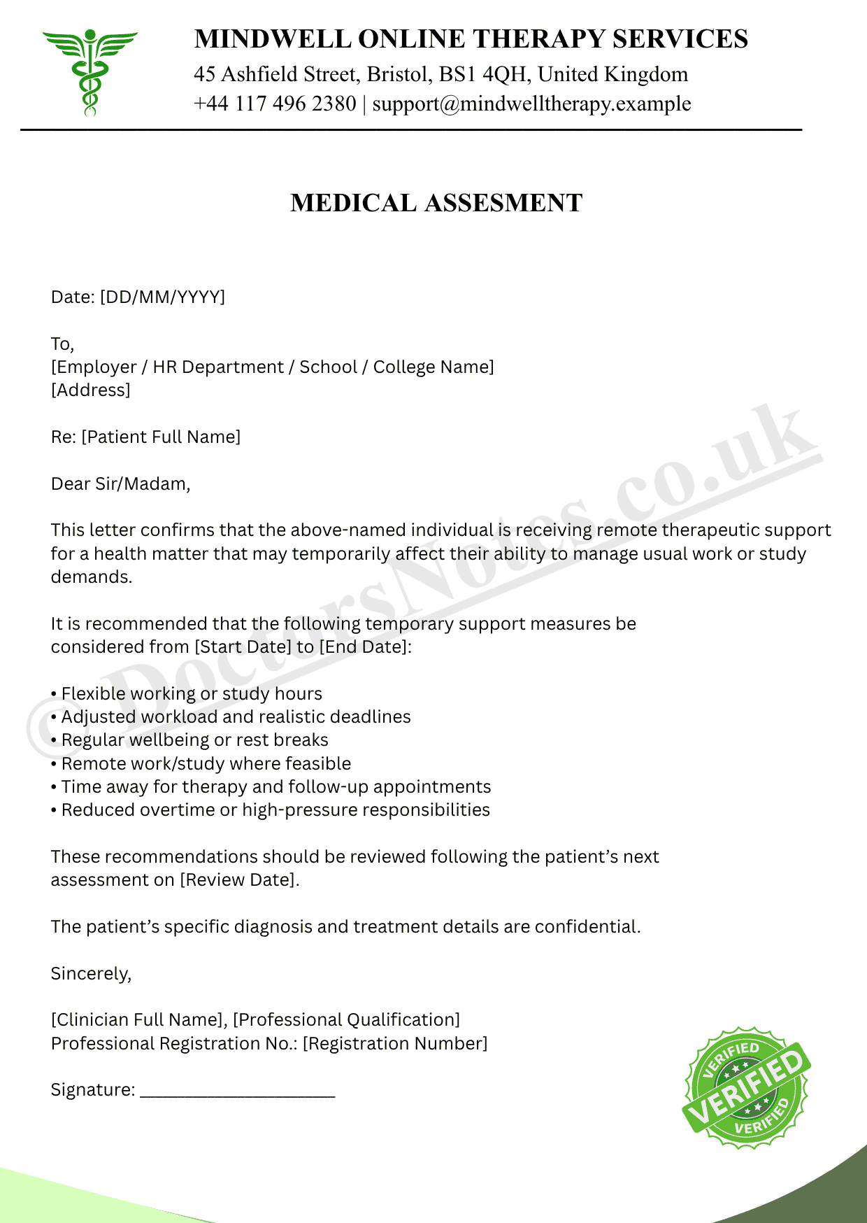 ONLINE THERAPIST DOCTOR’S NOTE