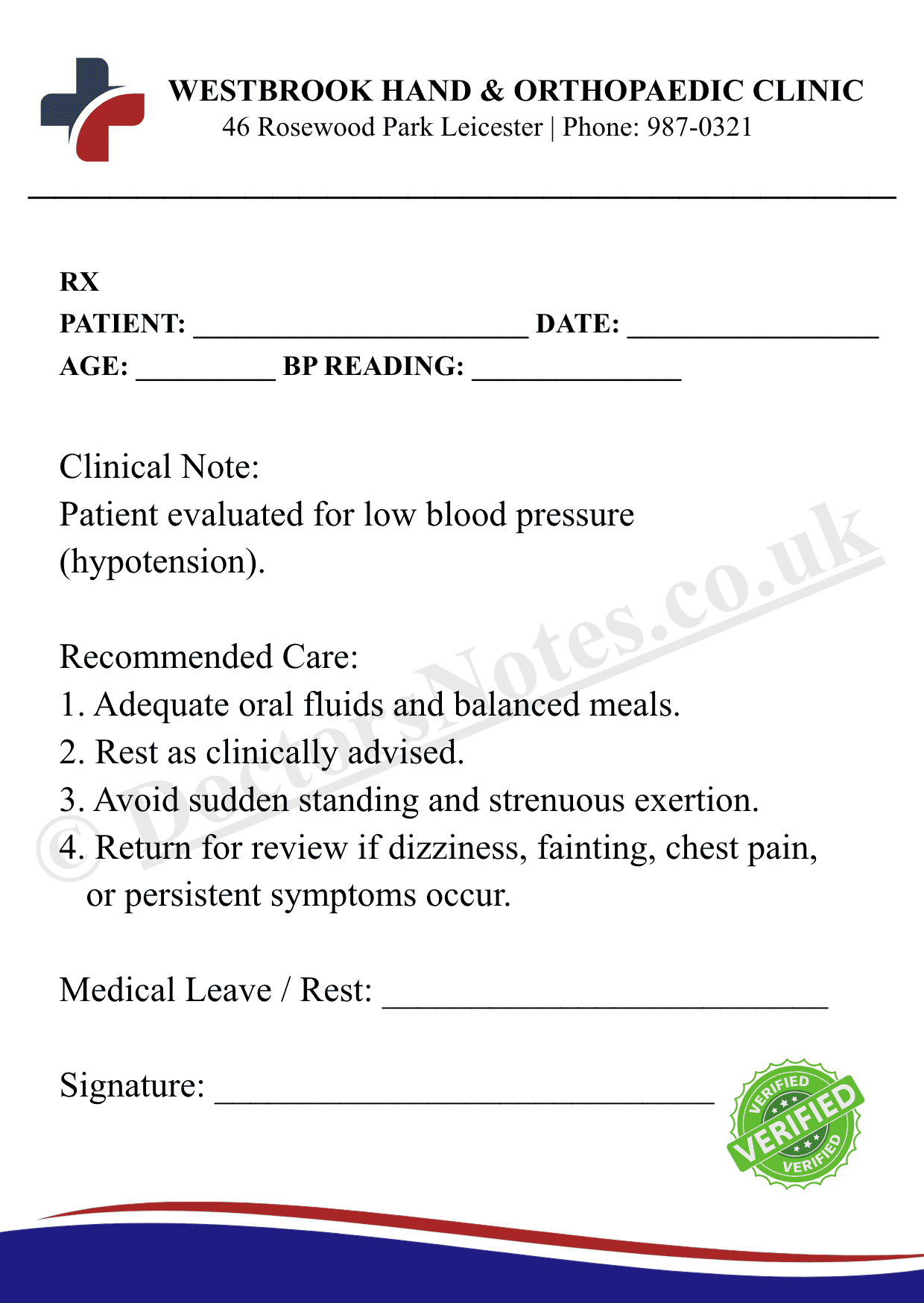 Printable Doctor Note for Low Blood Pressure