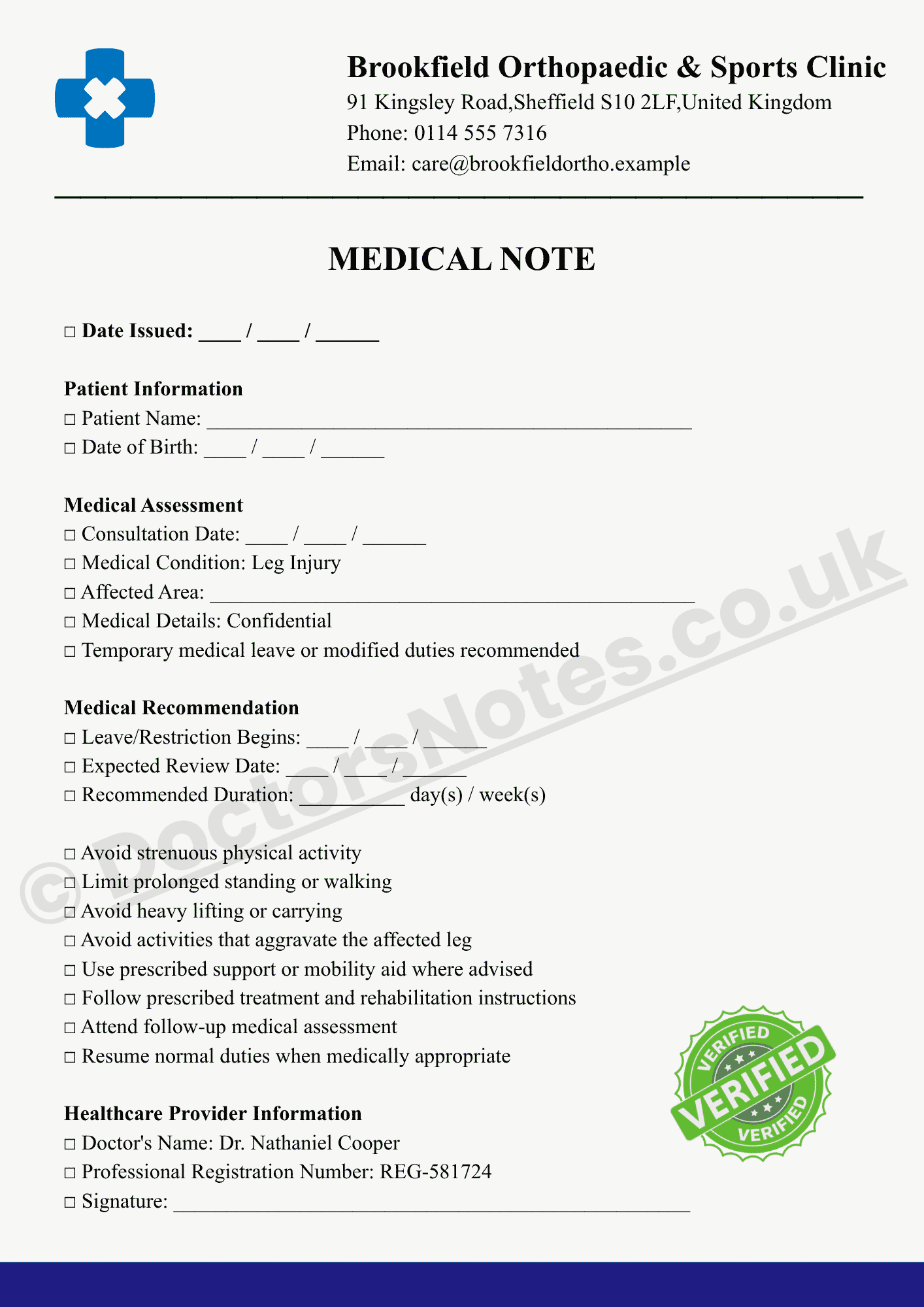 Doctor's Note for Leg Injury