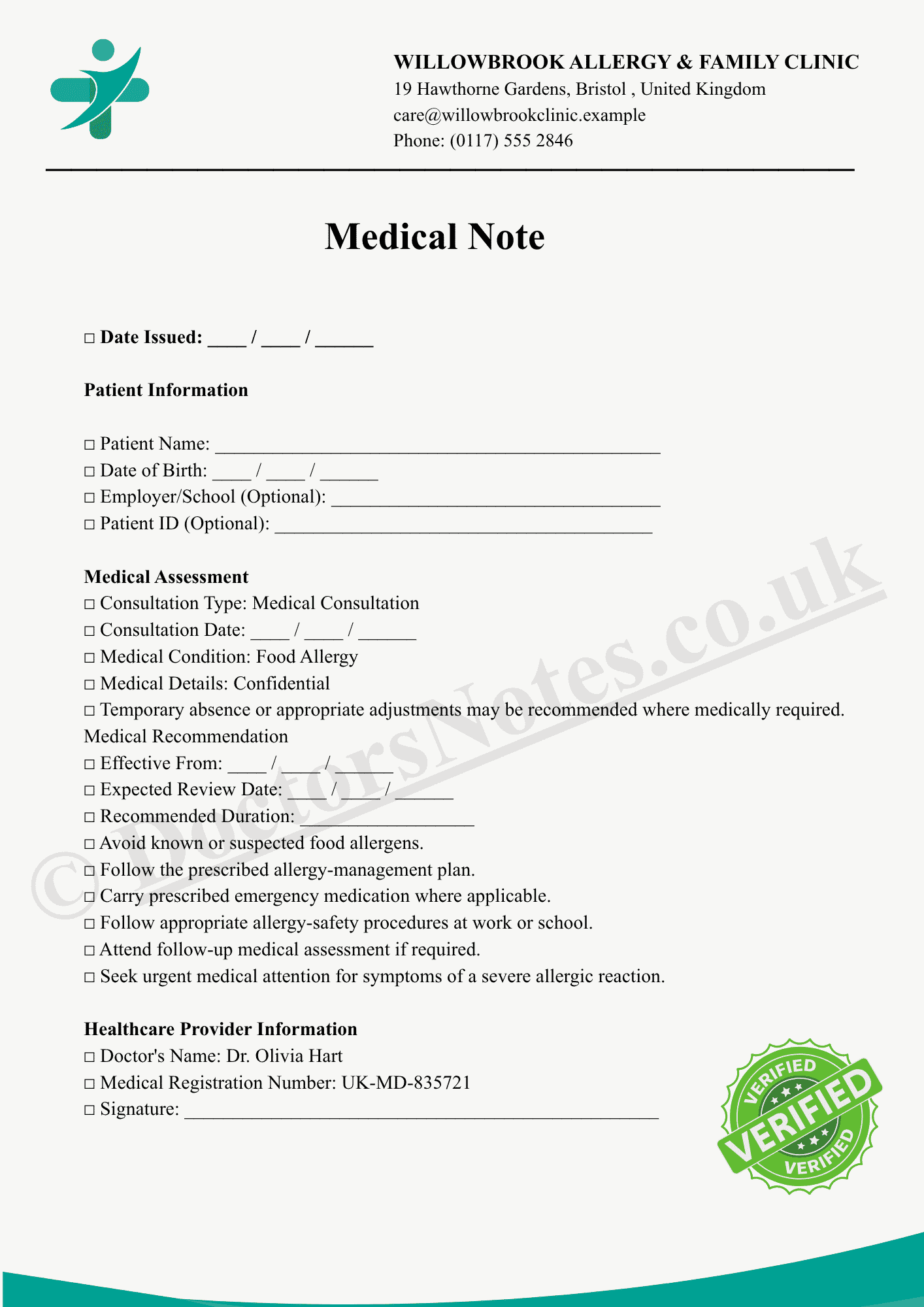 PrintableMedical Note