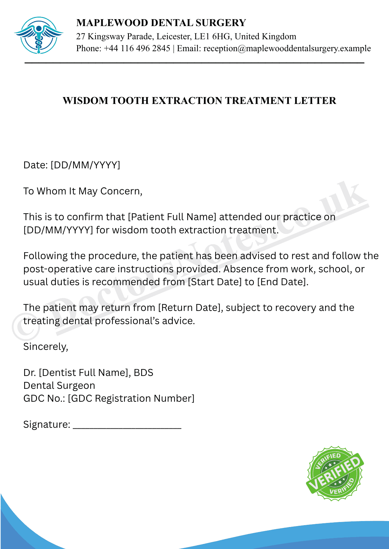 WISDOM TOOTH EXTRACTION TREATMENT LETTER